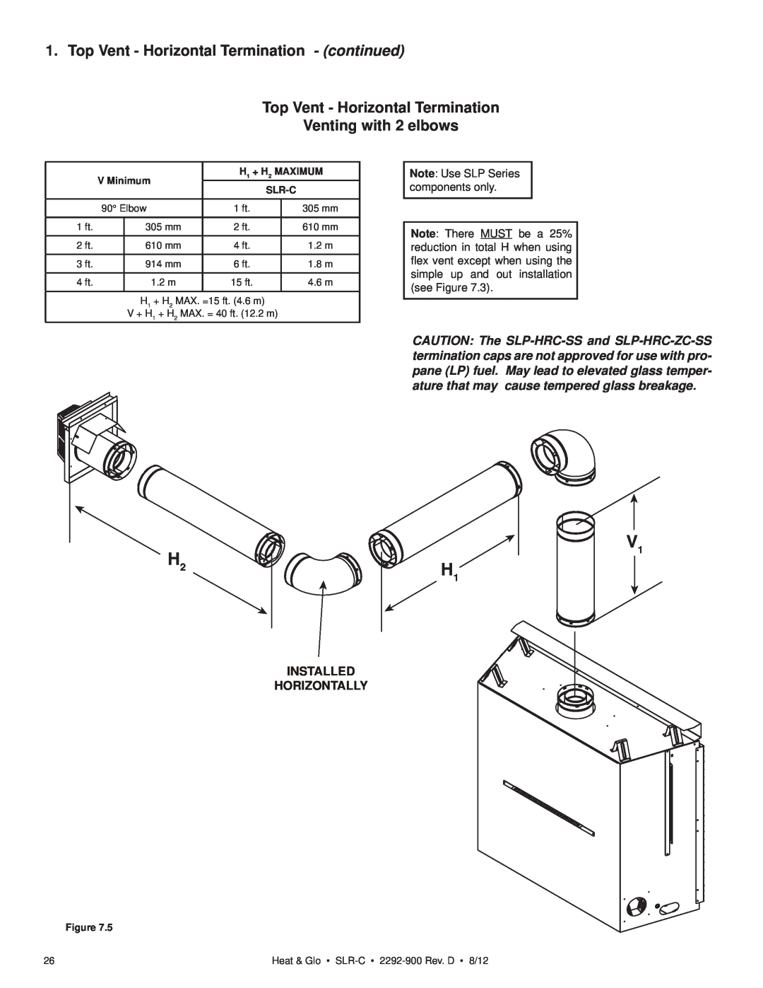 Heat & Glo LifeStyle SLR-C (COSMO) Top Vent - Horizontal Termination - continued, Venting with 2 elbows, V Minimum, Slr-C 