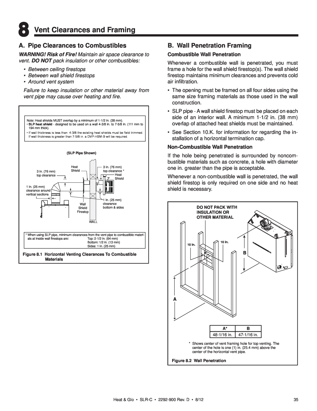 Heat & Glo LifeStyle SLR-C (COSMO) owner manual Vent Clearances and Framing, A. Pipe Clearances to Combustibles 