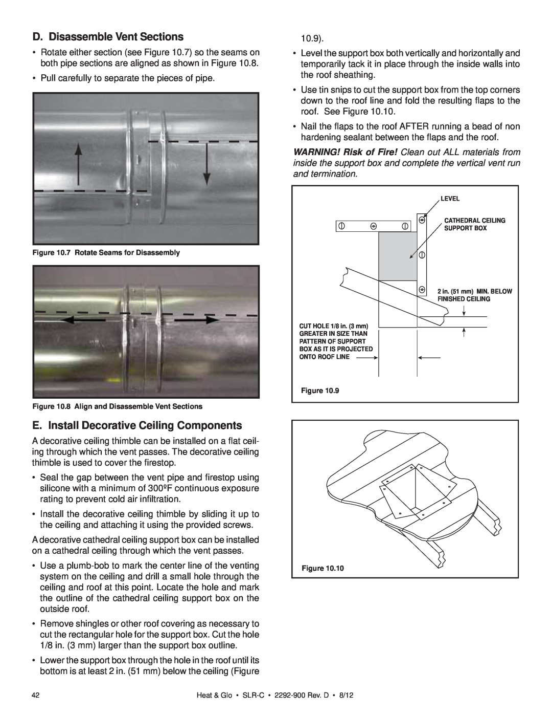 Heat & Glo LifeStyle SLR-C (COSMO) owner manual D. Disassemble Vent Sections, E. Install Decorative Ceiling Components 