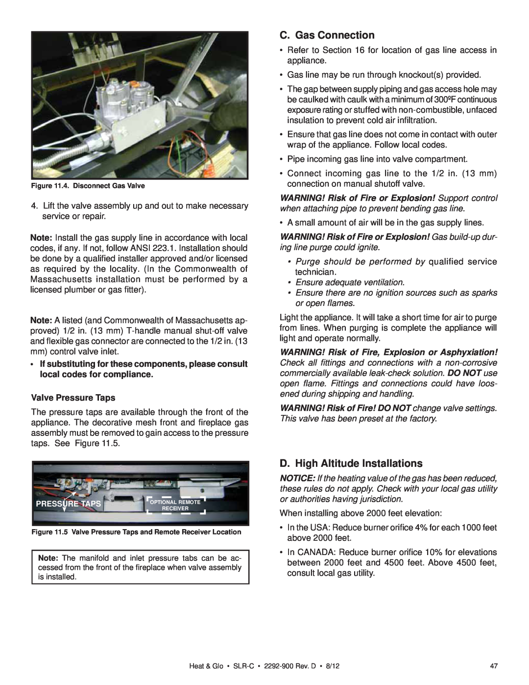 Heat & Glo LifeStyle SLR-C (COSMO) owner manual C. Gas Connection, D. High Altitude Installations, Valve Pressure Taps 