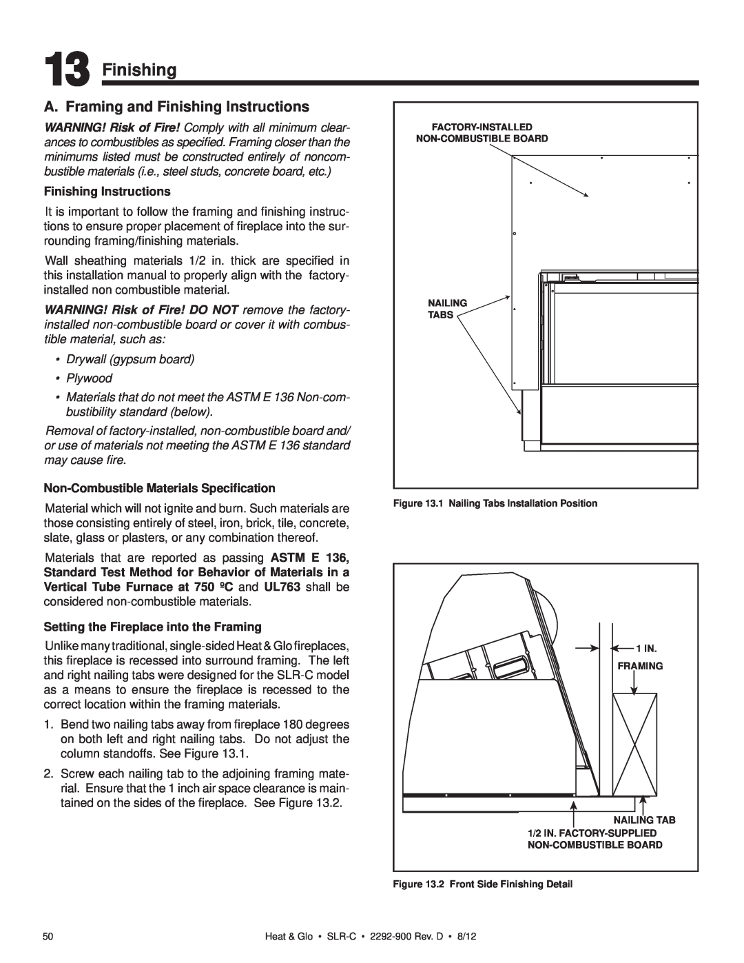 Heat & Glo LifeStyle SLR-C (COSMO) owner manual A. Framing and Finishing Instructions, Drywall gypsum board Plywood 