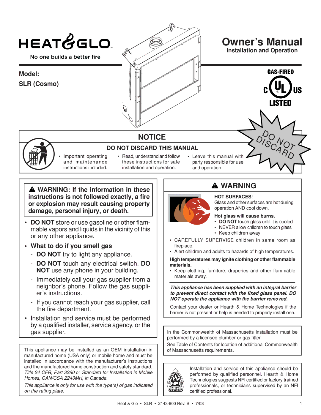 Heat & Glo LifeStyle SLR (COSMO) owner manual Model SLR Cosmo, What to do if you smell gas 