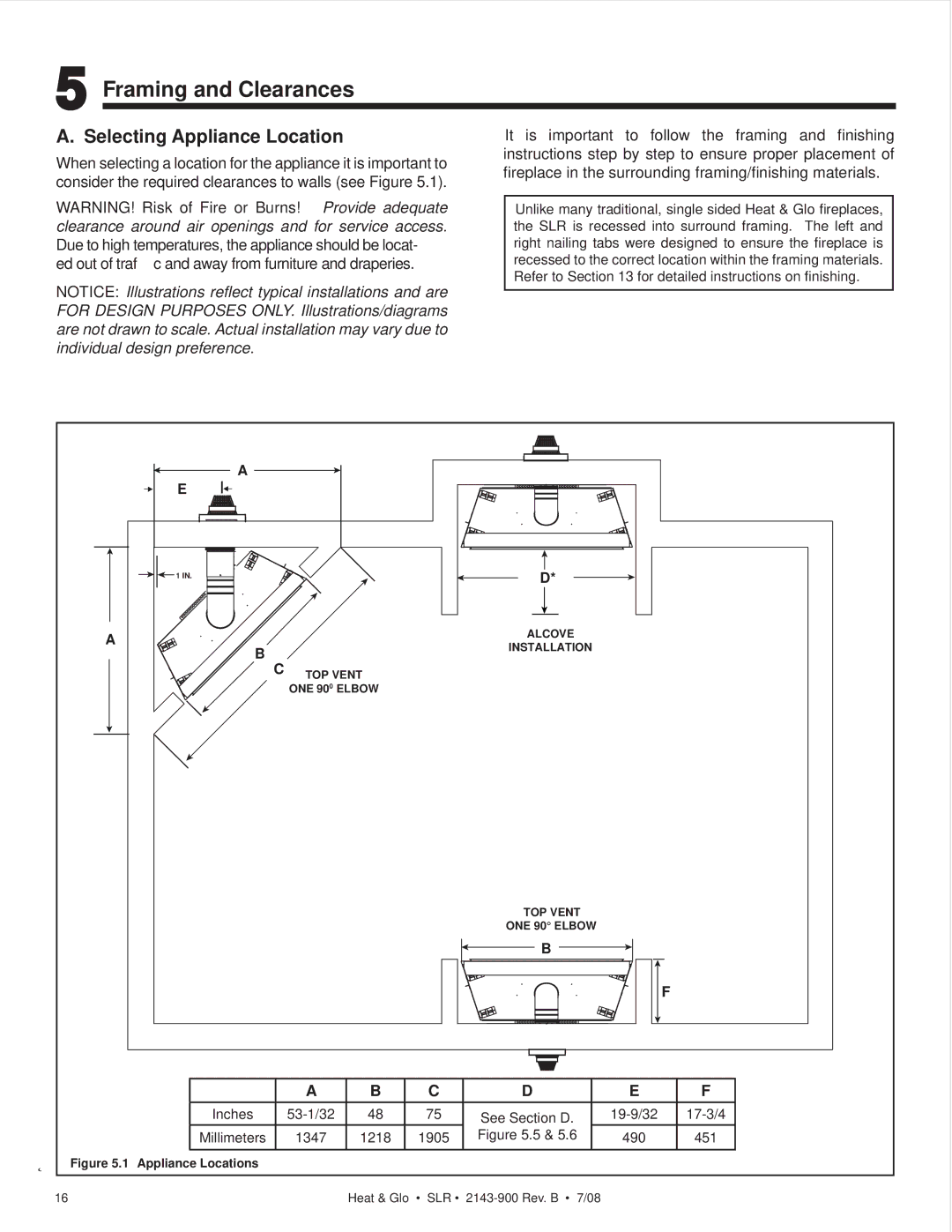 Heat & Glo LifeStyle SLR (COSMO) owner manual Framing and Clearances, Selecting Appliance Location 