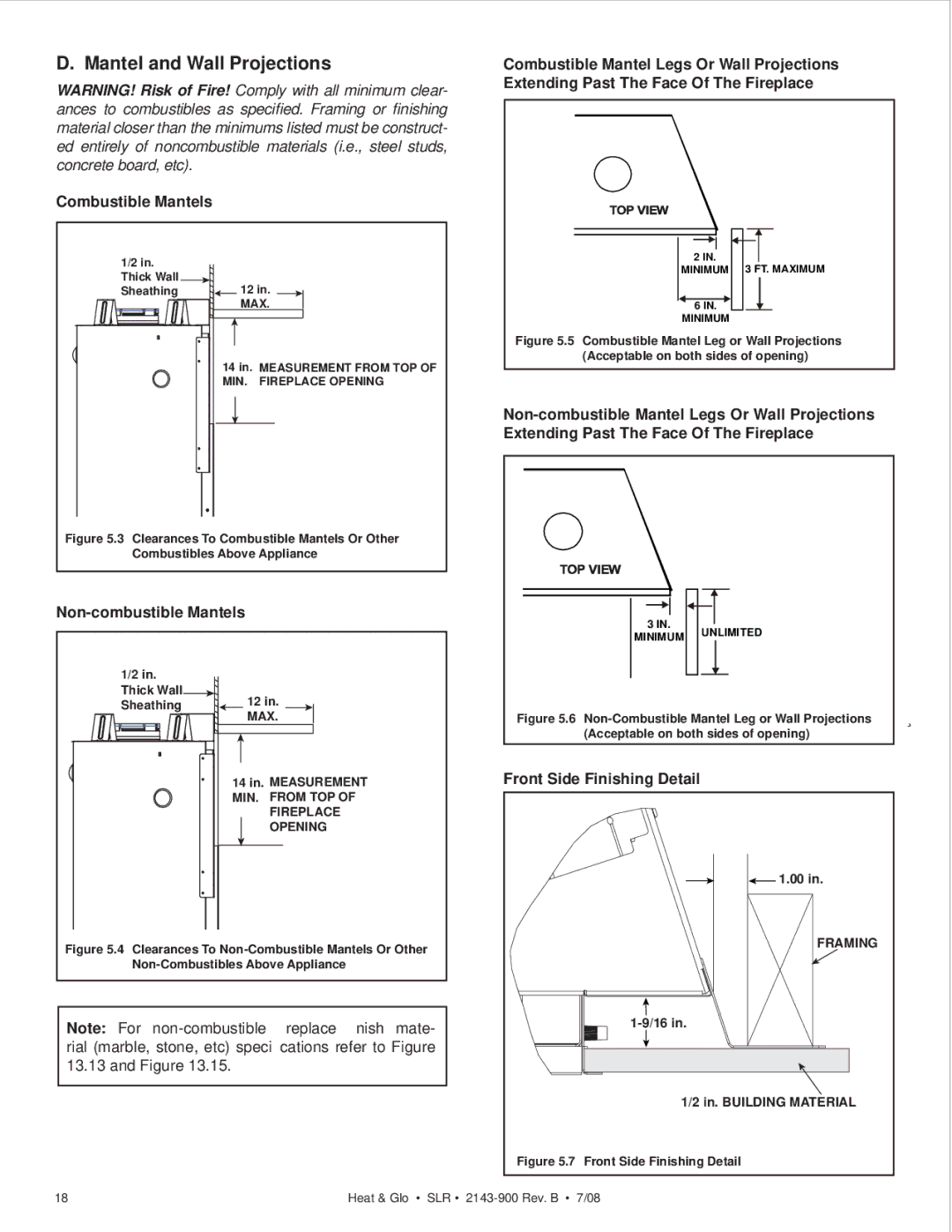 Heat & Glo LifeStyle SLR (COSMO) owner manual Mantel and Wall Projections, Combustible Mantels, Non-combustible Mantels 