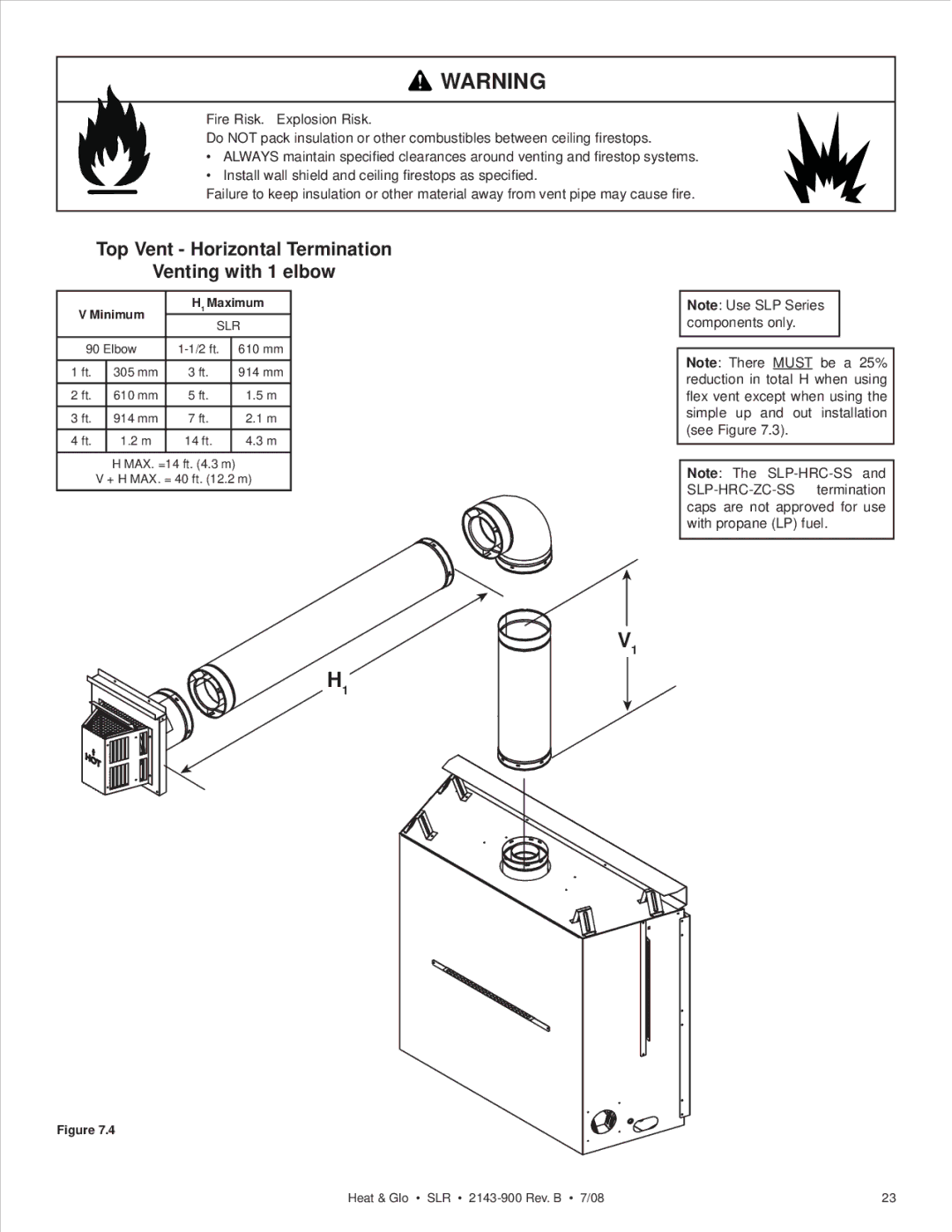 Heat & Glo LifeStyle SLR (COSMO) owner manual Top Vent Horizontal Termination Venting with 1 elbow, Minimum Maximum 