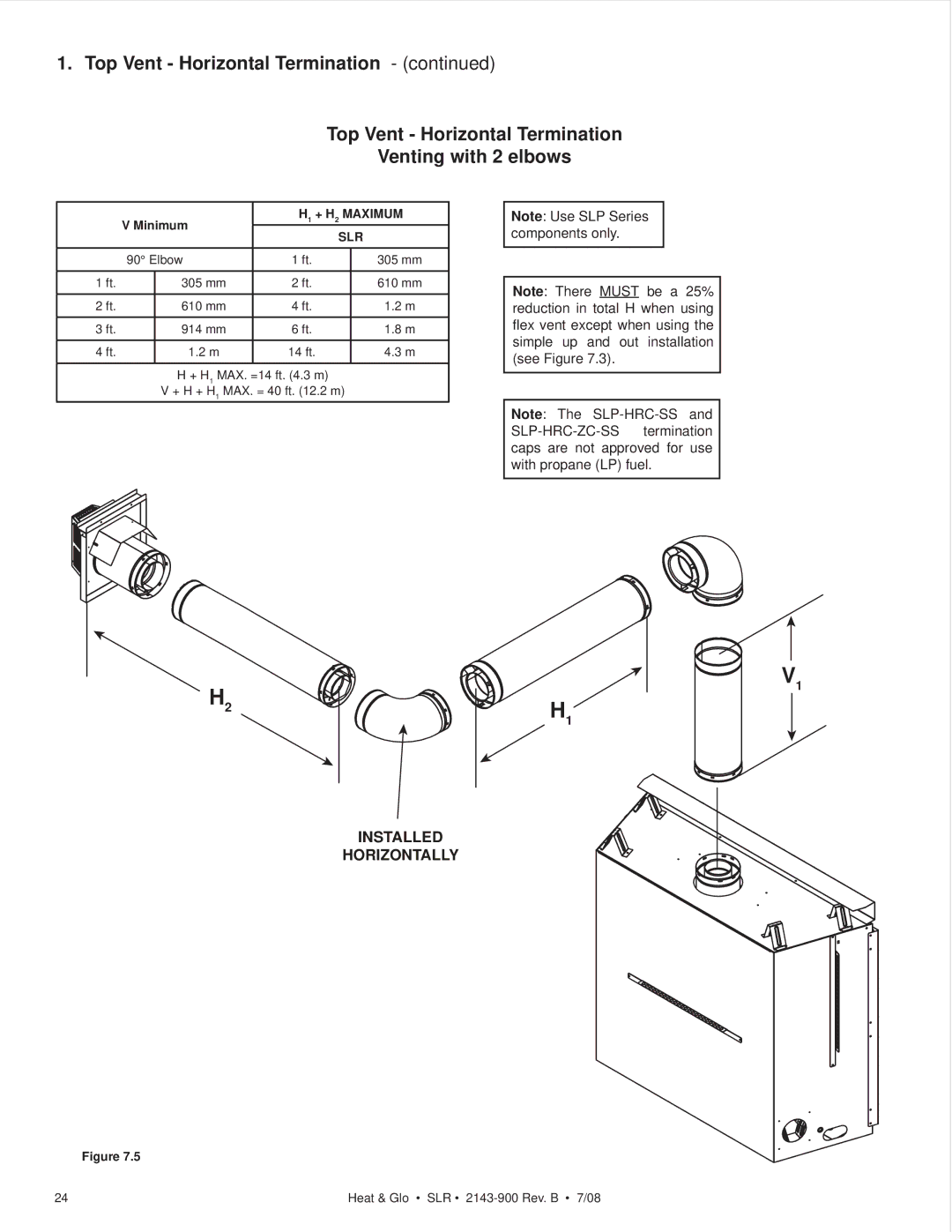 Heat & Glo LifeStyle SLR (COSMO) owner manual Top Vent Horizontal Termination Venting with 2 elbows 