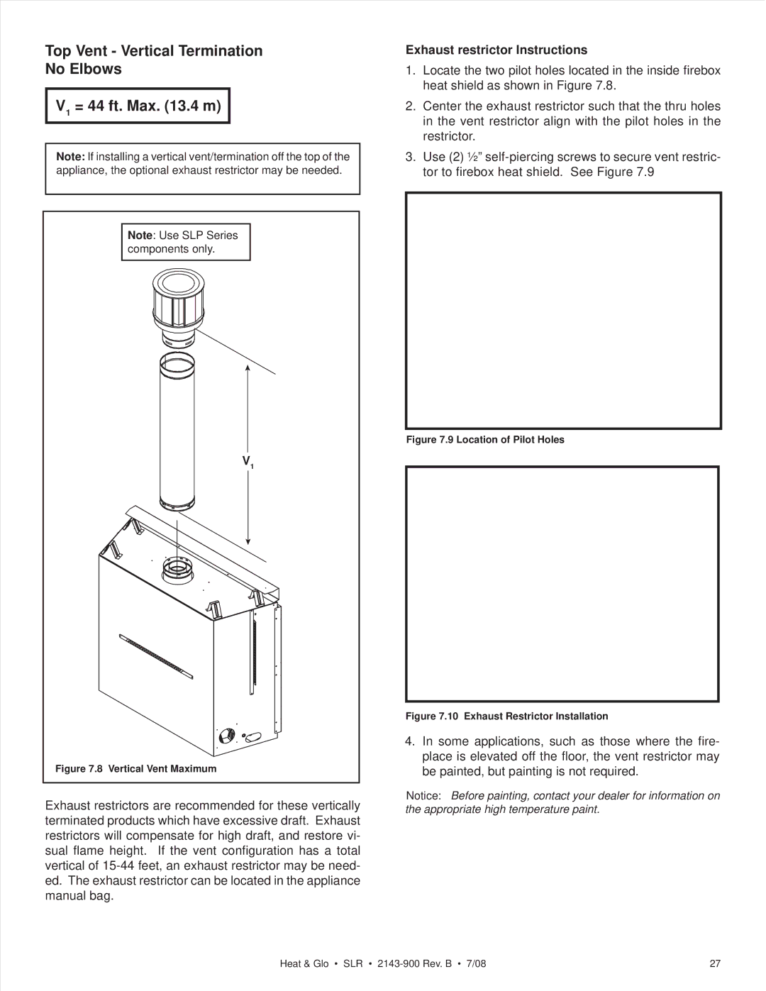 Heat & Glo LifeStyle SLR (COSMO) owner manual Top Vent Vertical Termination No Elbows V1 = 44 ft. Max .4 m 