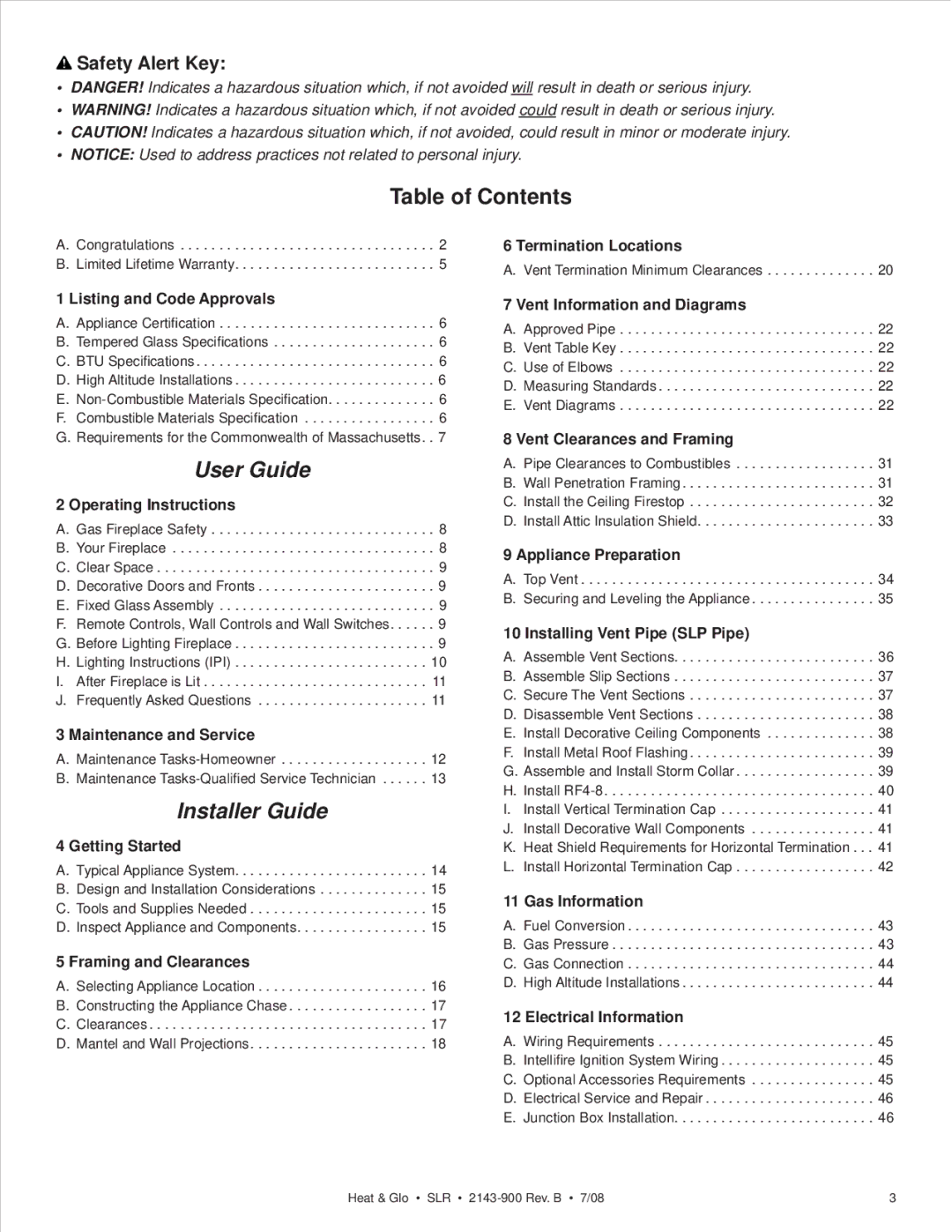 Heat & Glo LifeStyle SLR (COSMO) owner manual Table of Contents, User Guide 