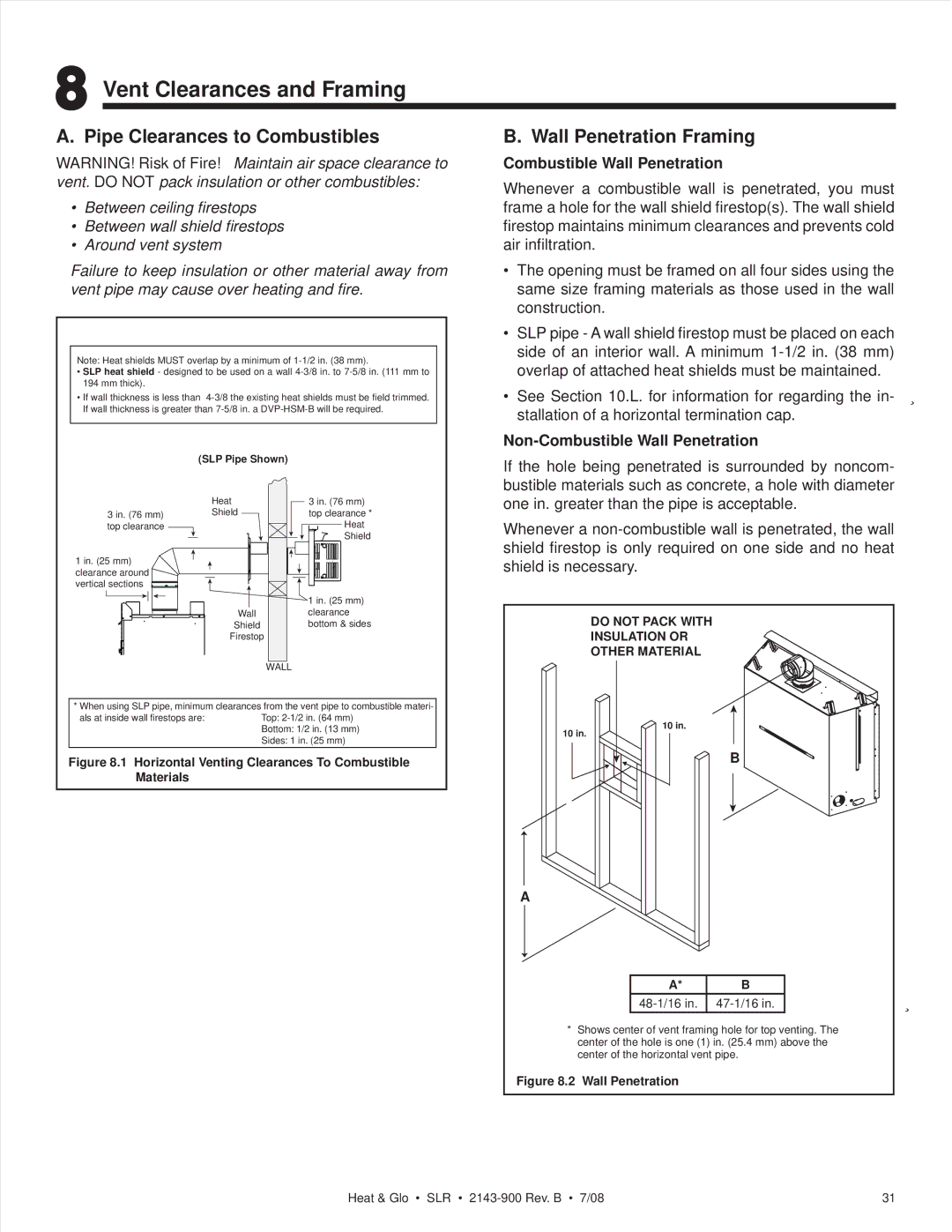 Heat & Glo LifeStyle SLR (COSMO) Vent Clearances and Framing, Pipe Clearances to Combustibles, Wall Penetration Framing 