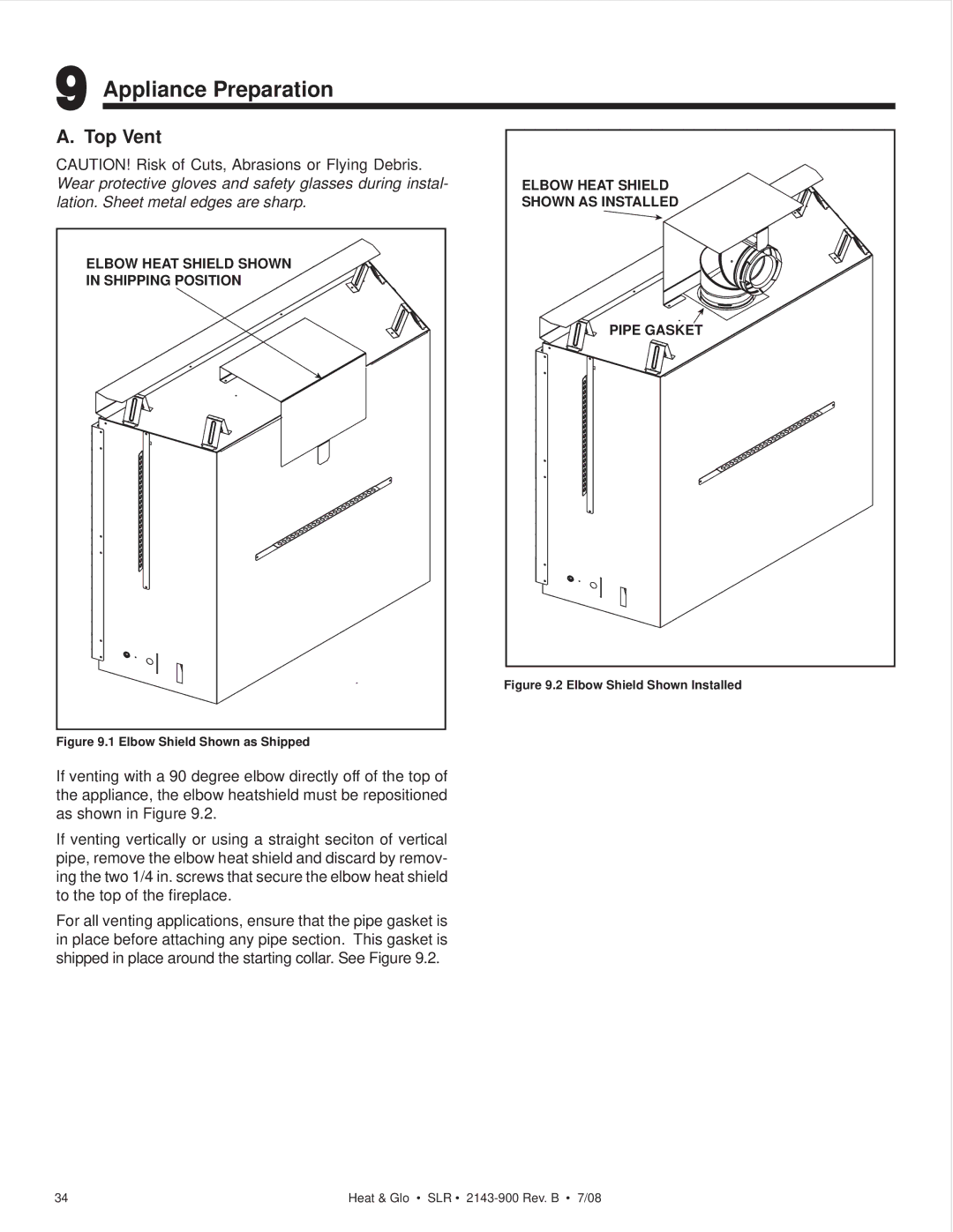 Heat & Glo LifeStyle SLR (COSMO) owner manual Appliance Preparation, Top Vent 