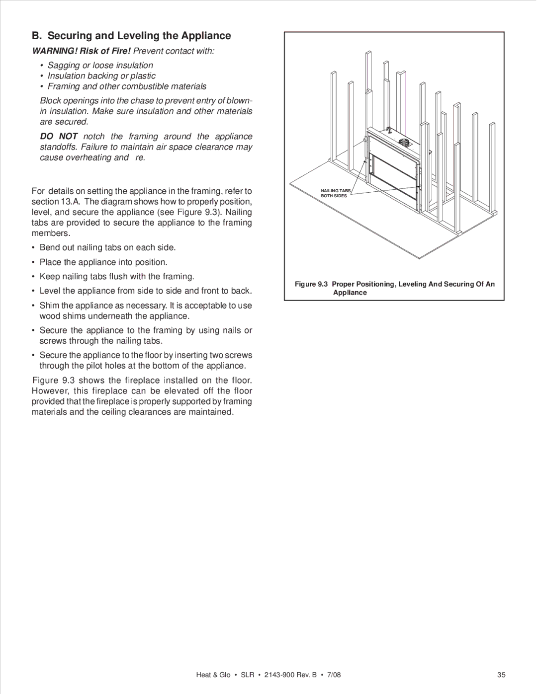 Heat & Glo LifeStyle SLR (COSMO) Securing and Leveling the Appliance, Proper Positioning, Leveling And Securing Of An 