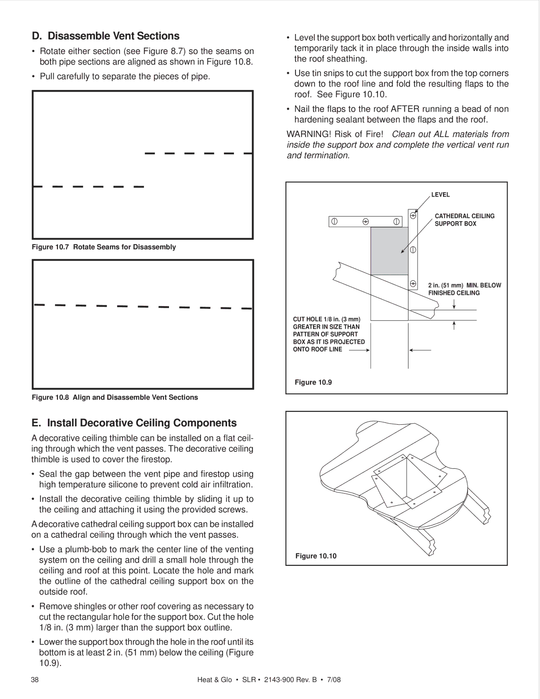 Heat & Glo LifeStyle SLR (COSMO) owner manual Disassemble Vent Sections, Install Decorative Ceiling Components 