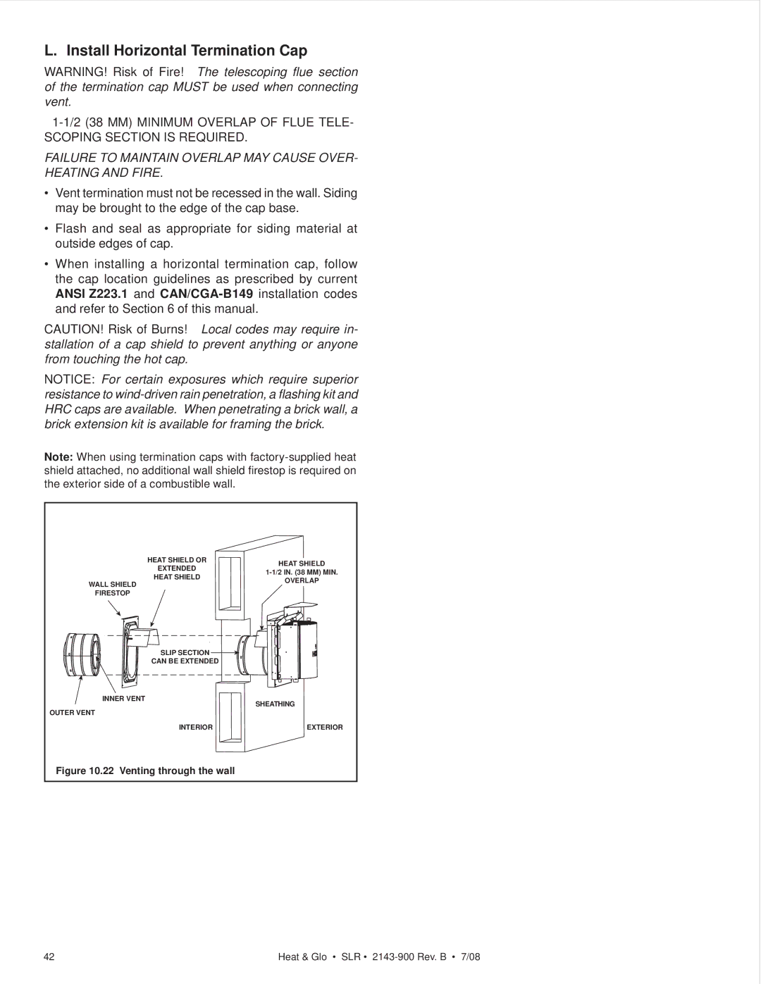 Heat & Glo LifeStyle SLR (COSMO) owner manual Install Horizontal Termination Cap, Venting through the wall 