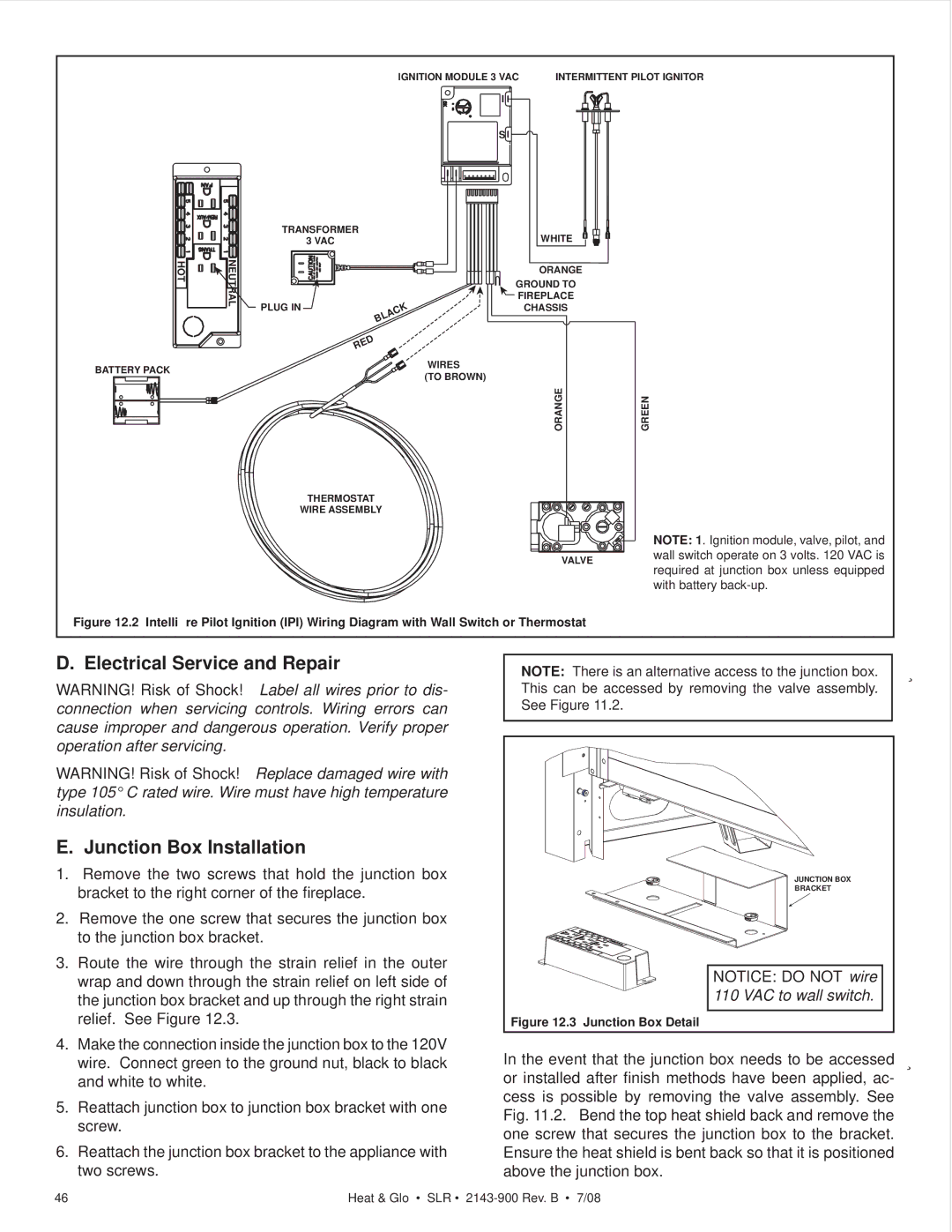 Heat & Glo LifeStyle SLR (COSMO) owner manual Electrical Service and Repair Junction Box Installation, Junction Box Detail 