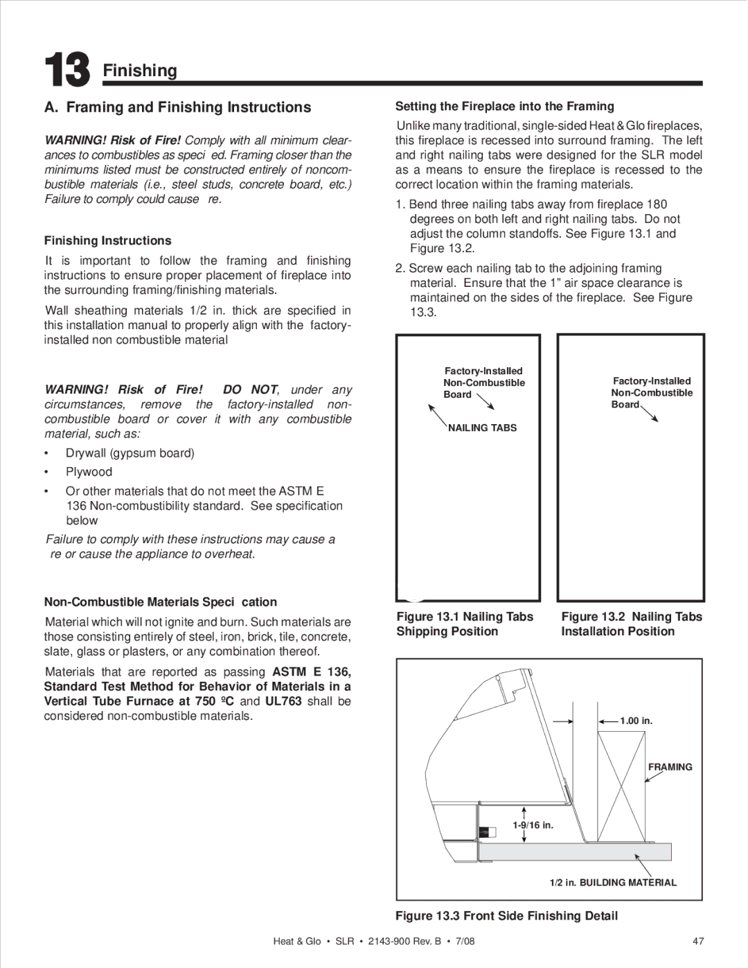 Heat & Glo LifeStyle SLR (COSMO) owner manual Framing and Finishing Instructions 