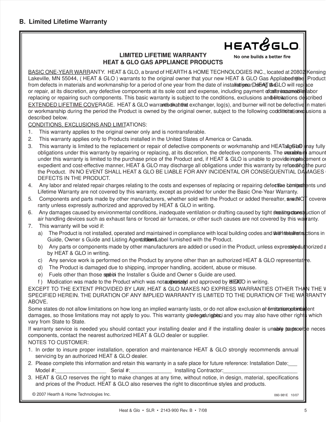 Heat & Glo LifeStyle SLR (COSMO) owner manual Limited Lifetime Warranty Heat & GLO GAS Appliance Products 