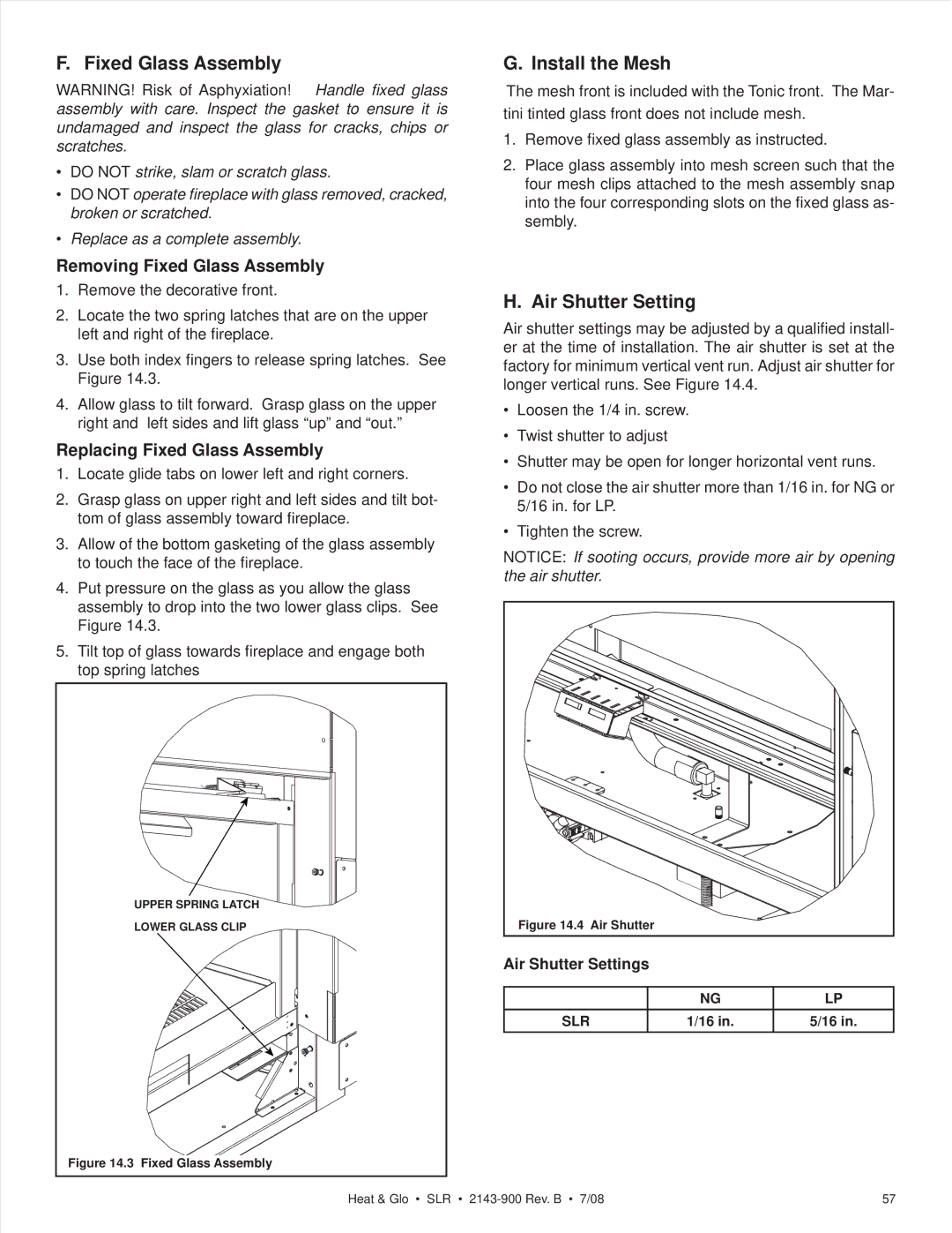 Heat & Glo LifeStyle SLR (COSMO) owner manual Install the Mesh, Air Shutter Settings 