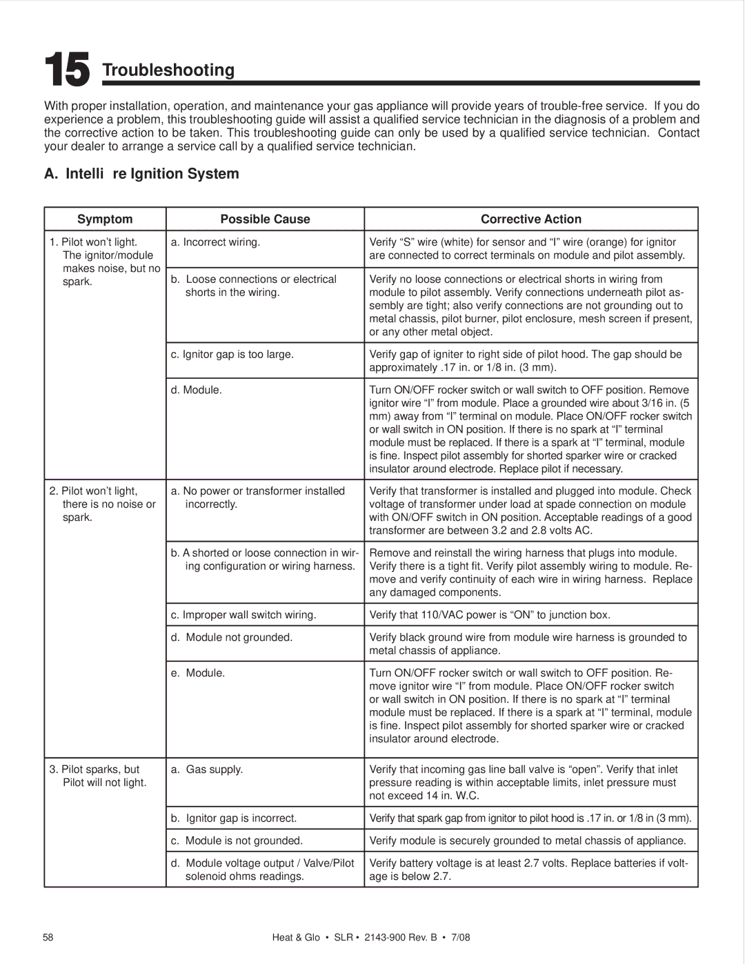 Heat & Glo LifeStyle SLR (COSMO) Troubleshooting, Intelliﬁre Ignition System, Symptom Possible Cause Corrective Action 