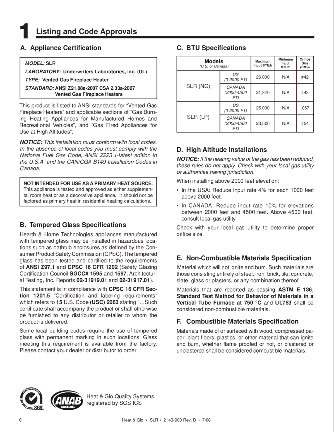 Heat & Glo LifeStyle SLR (COSMO) owner manual Listing and Code Approvals 