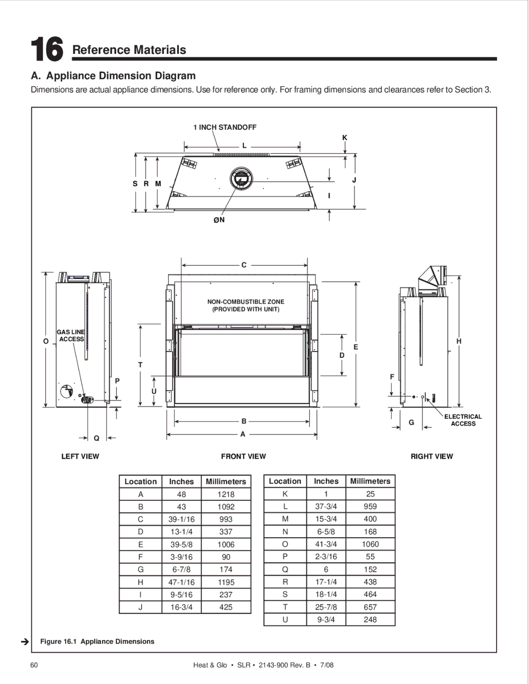 Heat & Glo LifeStyle SLR (COSMO) owner manual Reference Materials, Appliance Dimension Diagram 