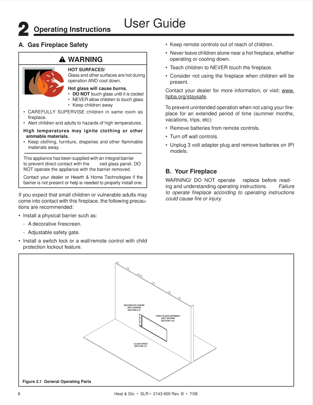 Heat & Glo LifeStyle SLR (COSMO) owner manual Operating Instructions User Guide, Gas Fireplace Safety, Your Fireplace 