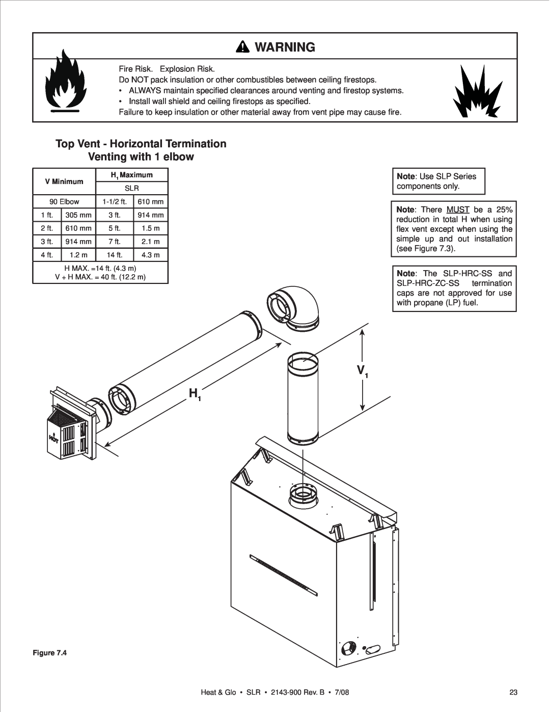 Heat & Glo LifeStyle SLR (COSMO) owner manual Top Vent - Horizontal Termination, Venting with 1 elbow 
