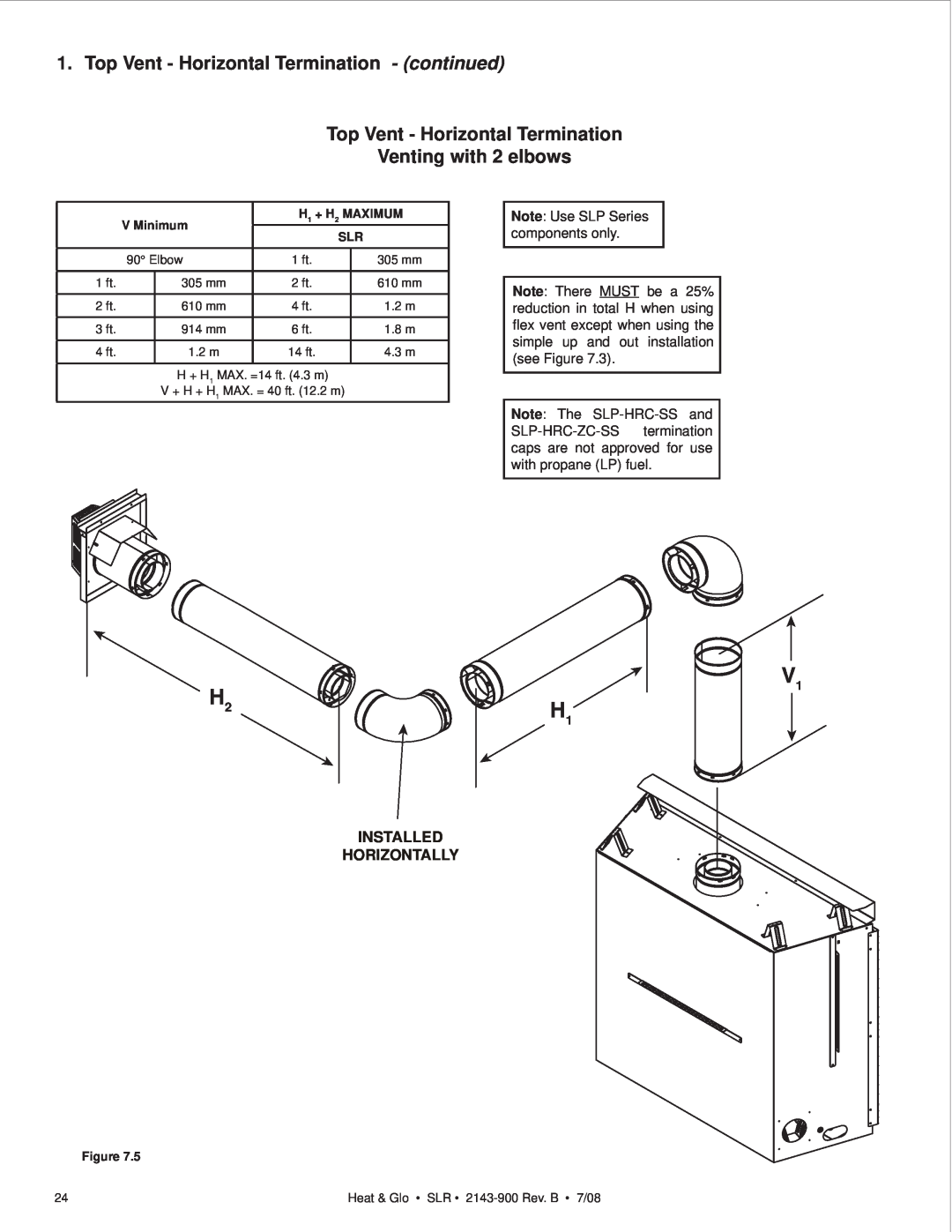 Heat & Glo LifeStyle SLR (COSMO) owner manual Top Vent - Horizontal Termination - continued, Venting with 2 elbows 