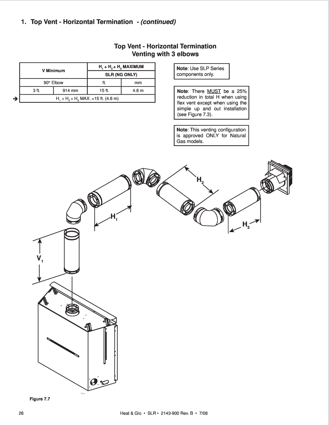 Heat & Glo LifeStyle SLR (COSMO) owner manual H1 V1, Venting with 3 elbows, Top Vent - Horizontal Termination - continued 