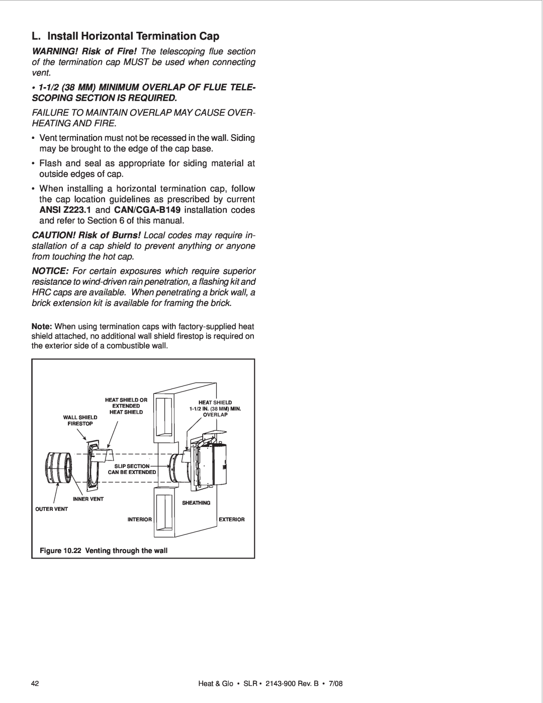 Heat & Glo LifeStyle SLR (COSMO) L. Install Horizontal Termination Cap, •1-1/238 MM MINIMUM OVERLAP OF FLUE TELE 
