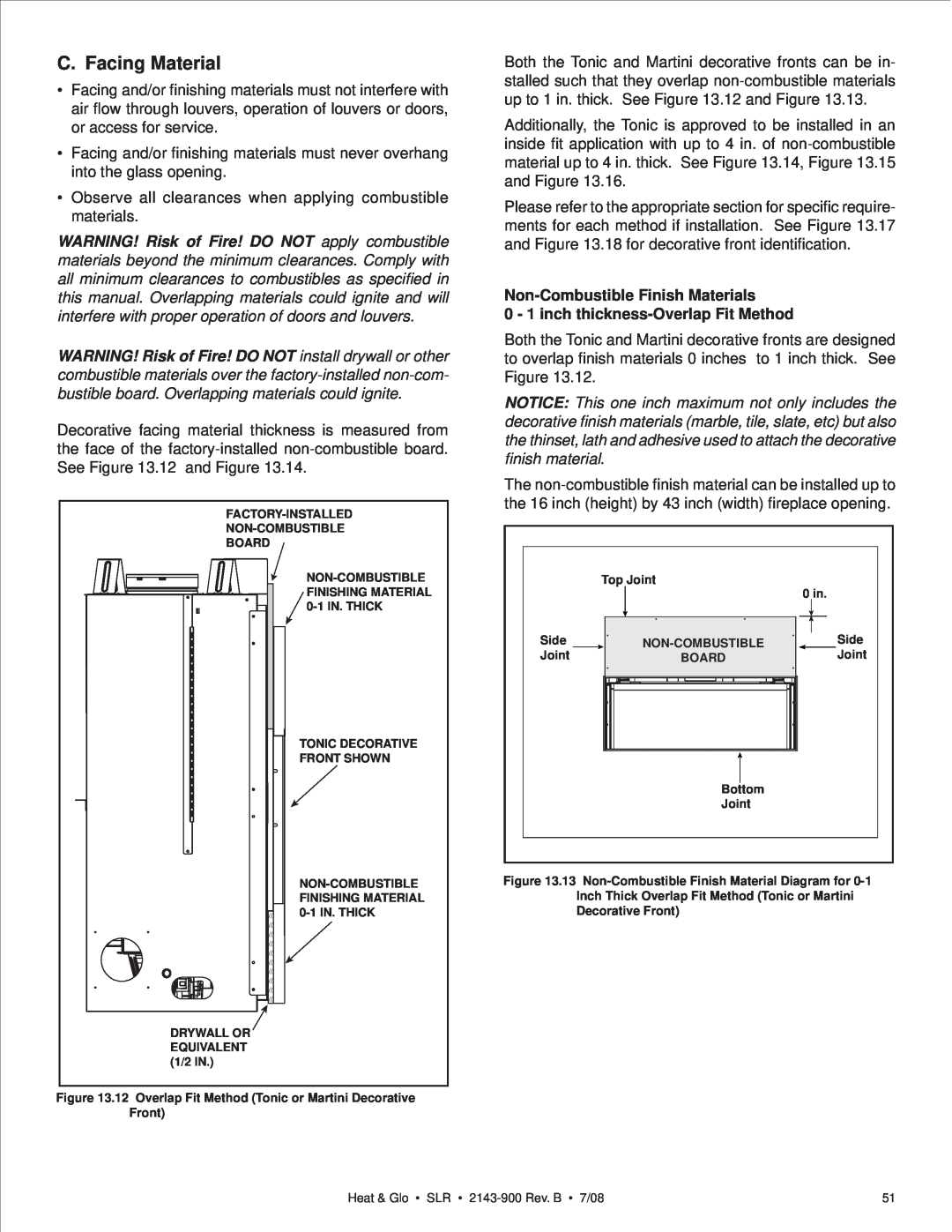 Heat & Glo LifeStyle SLR (COSMO) owner manual C. Facing Material, Non-CombustibleFinish Materials 