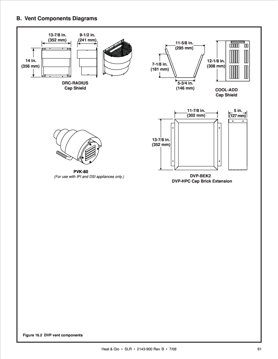 Heat & Glo LifeStyle SLR (COSMO) B. Vent Components Diagrams, 13-7/8in, 9-1/2in, 352 mm, 241 mm, 11-5/8in, 295 mm, 14 in 