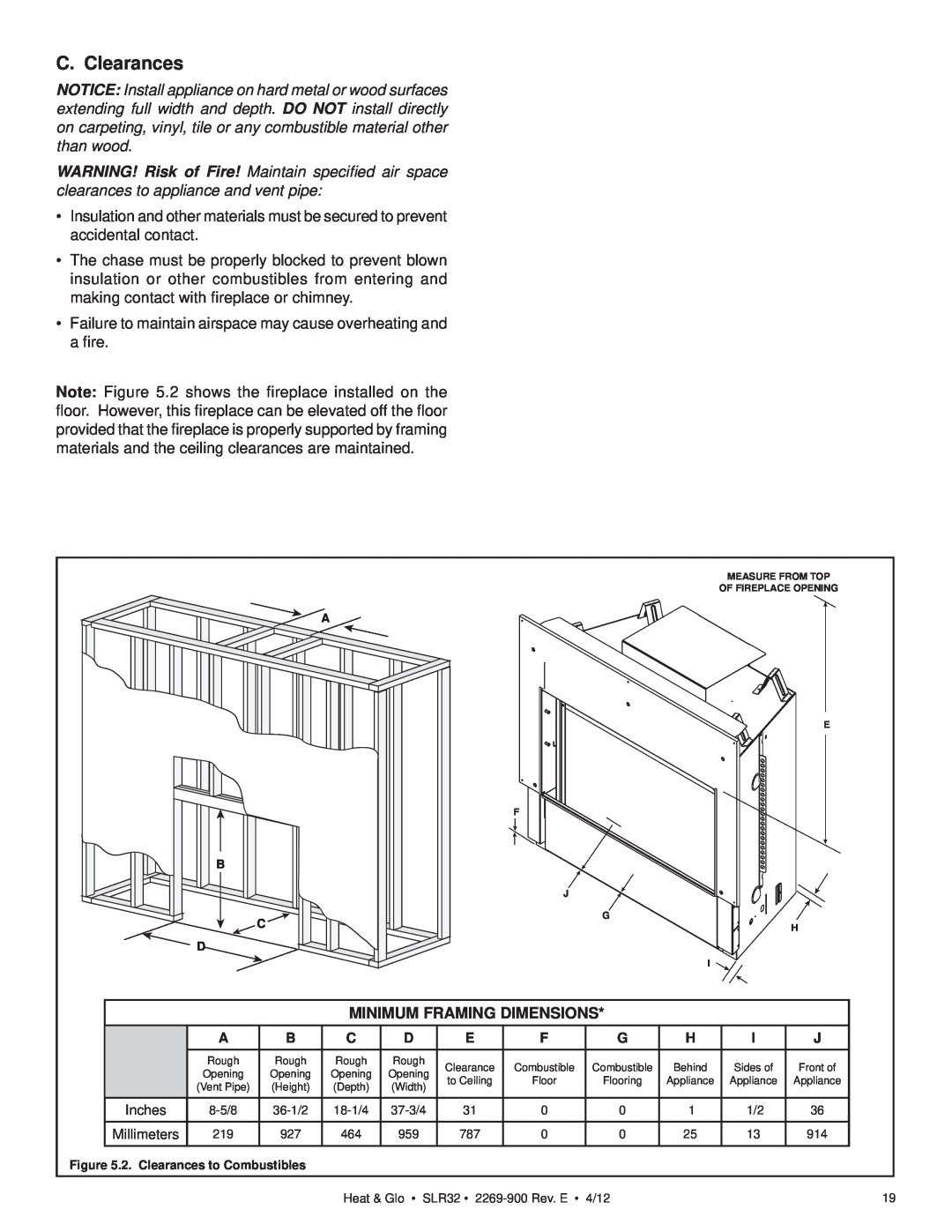 Heat & Glo LifeStyle SLR32 owner manual C. Clearances, Minimum Framing Dimensions 