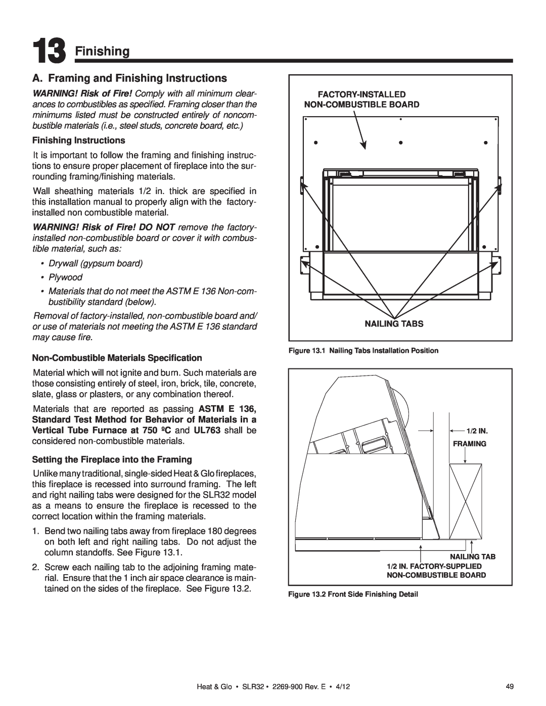 Heat & Glo LifeStyle SLR32 owner manual A. Framing and Finishing Instructions, •Drywall gypsum board •Plywood 