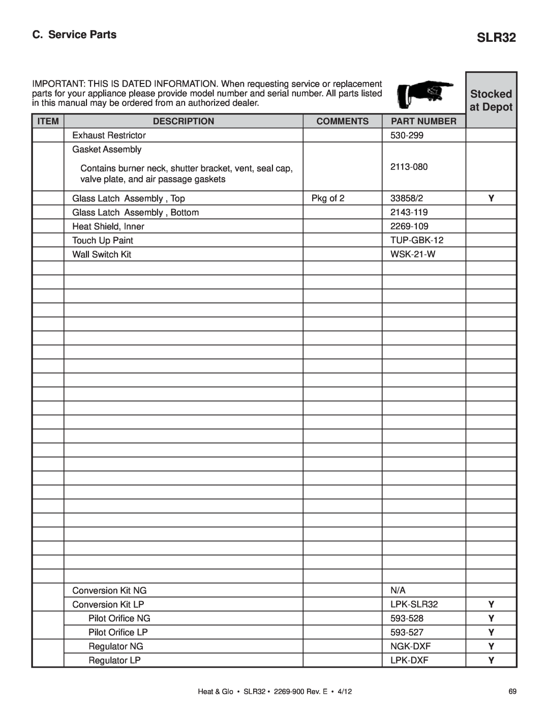 Heat & Glo LifeStyle SLR32 owner manual Stocked, C. Service Parts, at Depot, Item, Description, Comments, Part Number 