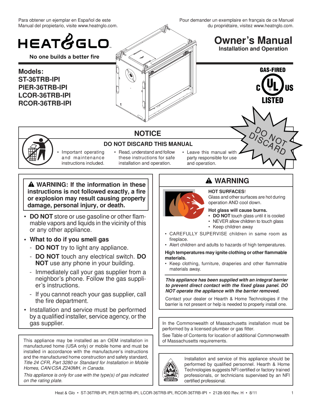 Heat & Glo LifeStyle ST-36TRB-IPI owner manual What to do if you smell gas, HOT Surfaces, Hot glass will cause burns 