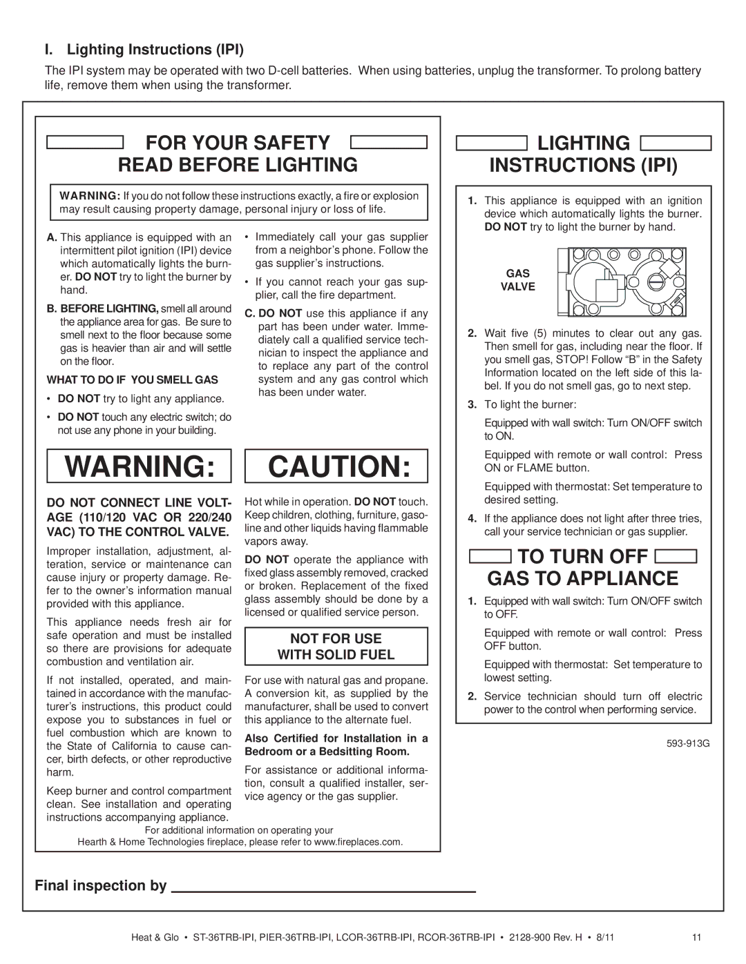 Heat & Glo LifeStyle ST-36TRB-IPI Lighting Instructions IPI, Final inspection by, What to do if YOU Smell GAS, GAS Valve 