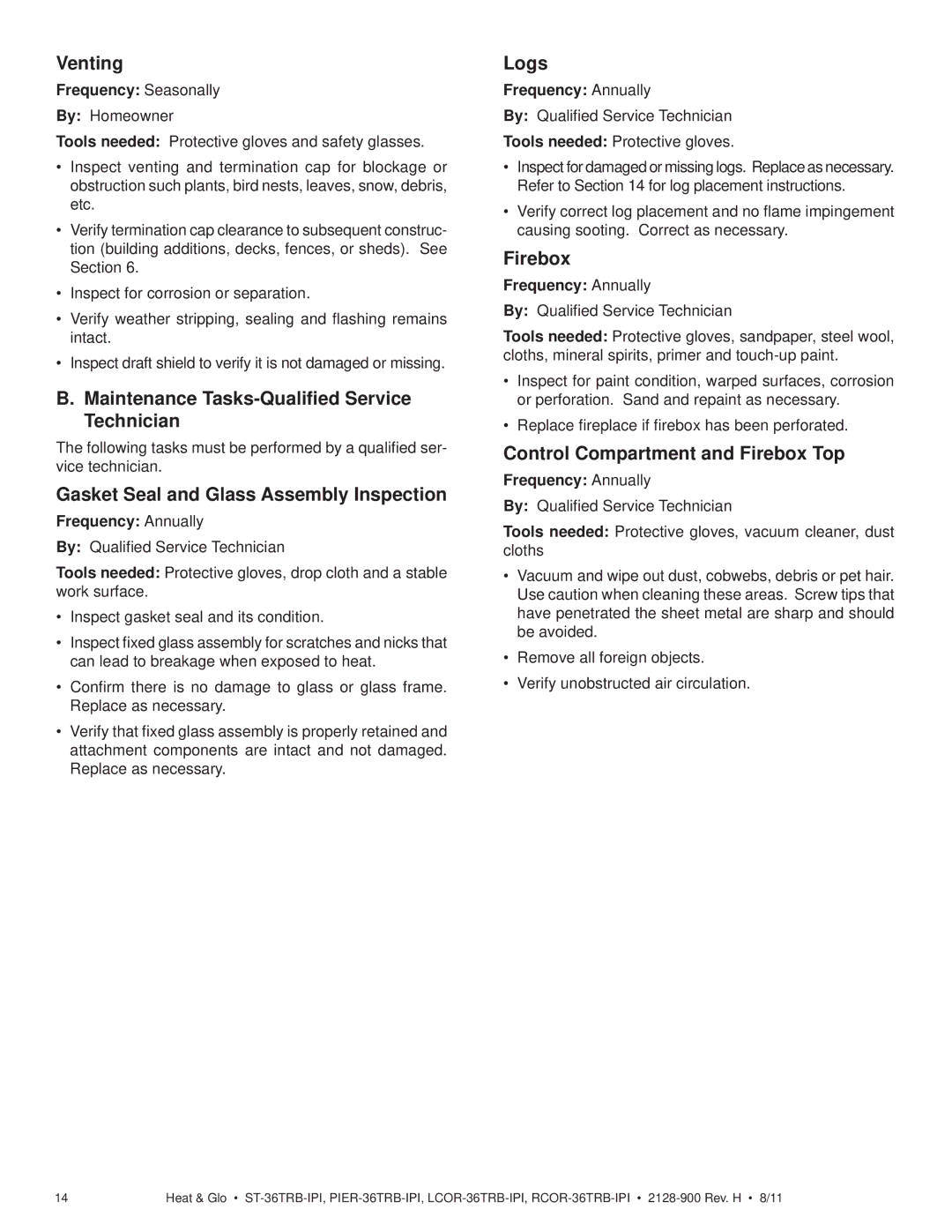 Heat & Glo LifeStyle ST-36TRB-IPI owner manual Venting, Maintenance Tasks-Qualiﬁed Service Technician, Logs, Firebox 