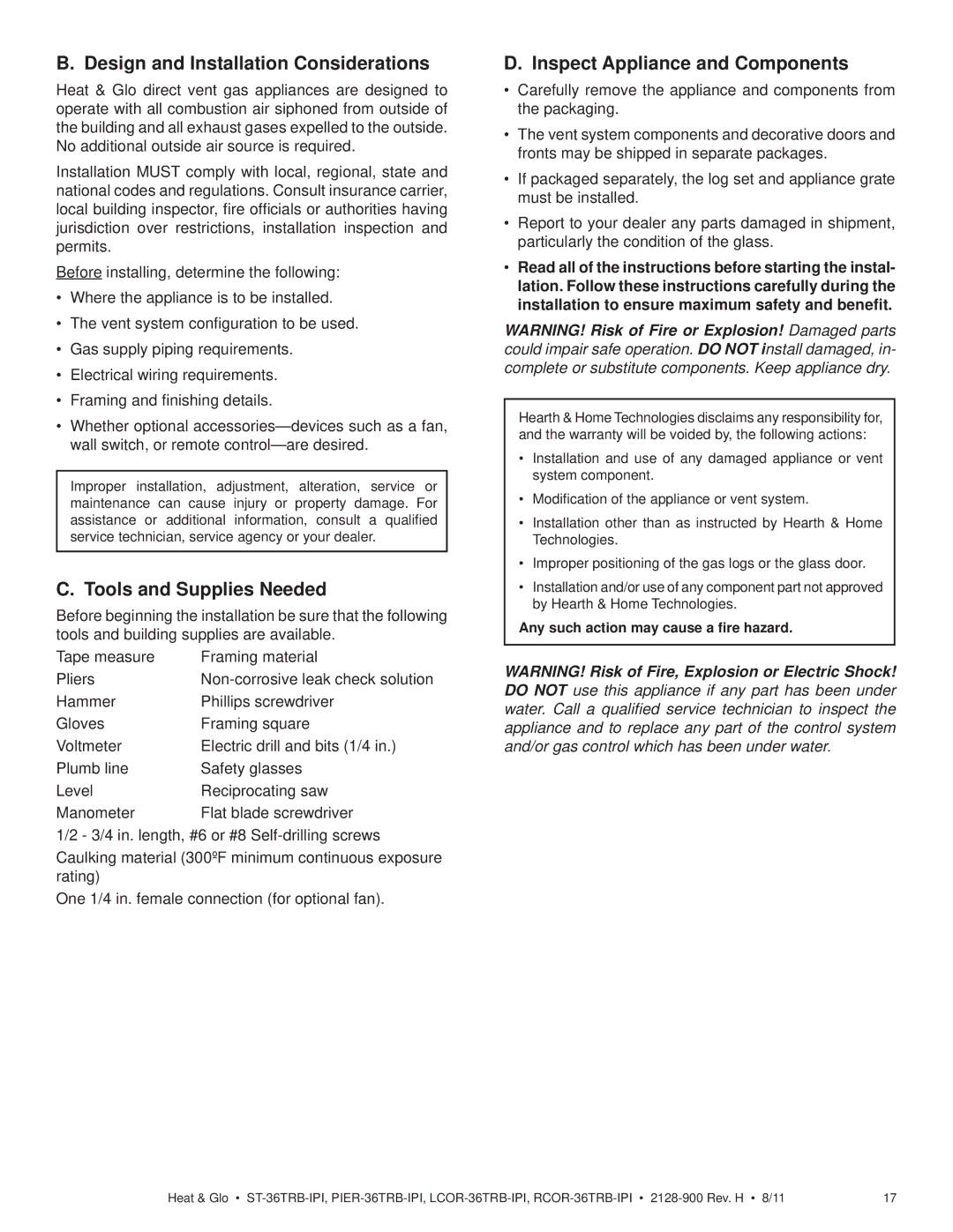 Heat & Glo LifeStyle ST-36TRB-IPI owner manual Design and Installation Considerations, Tools and Supplies Needed 