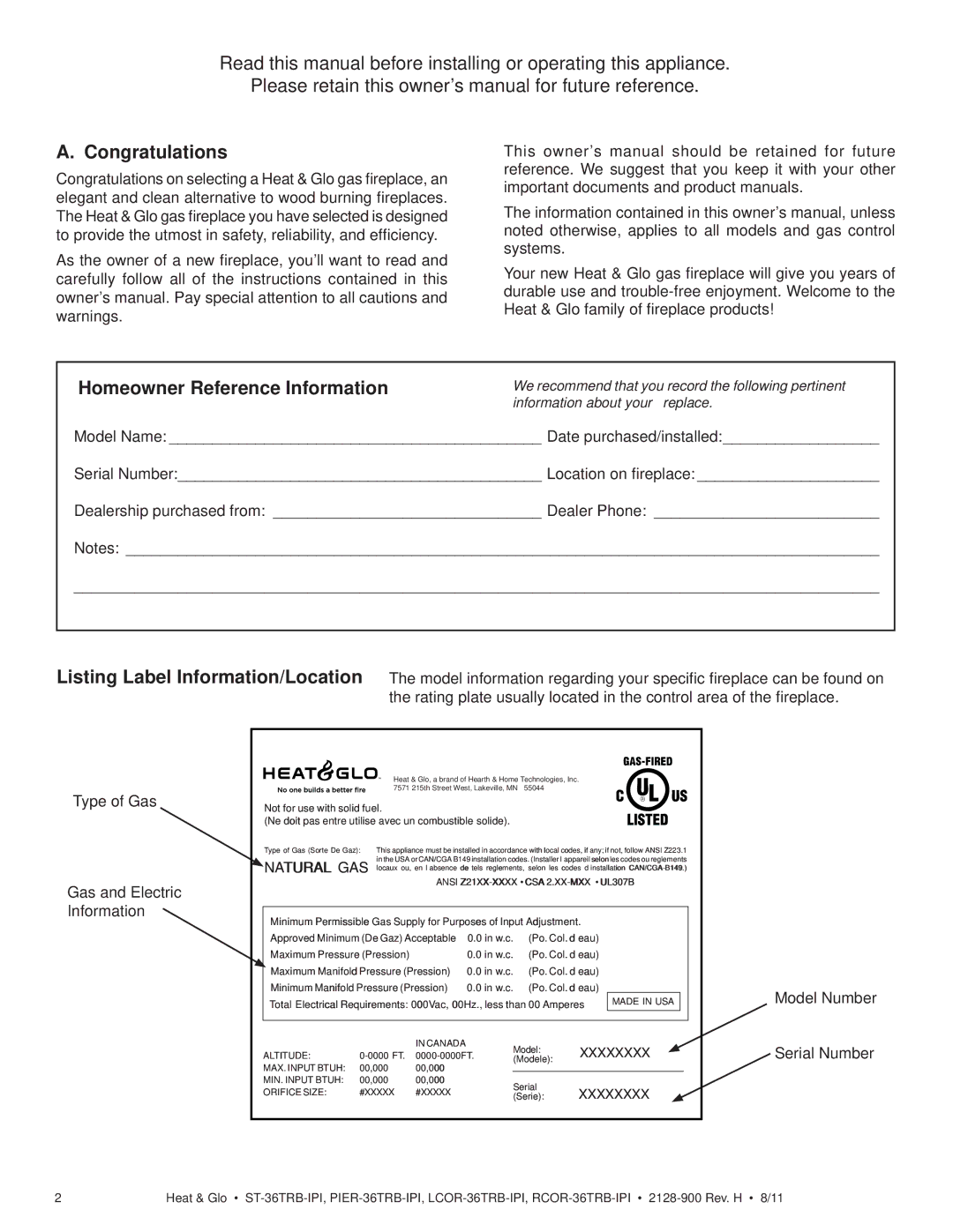 Heat & Glo LifeStyle ST-36TRB-IPI owner manual Congratulations, Homeowner Reference Information 