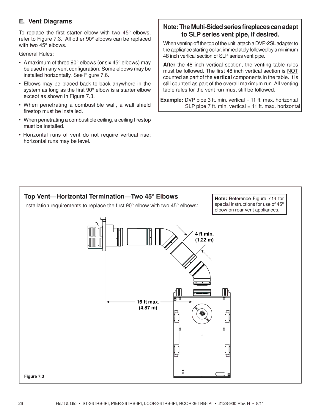 Heat & Glo LifeStyle ST-36TRB-IPI Vent Diagrams, To SLP series vent pipe, if desired, Elbow on rear vent appliances 