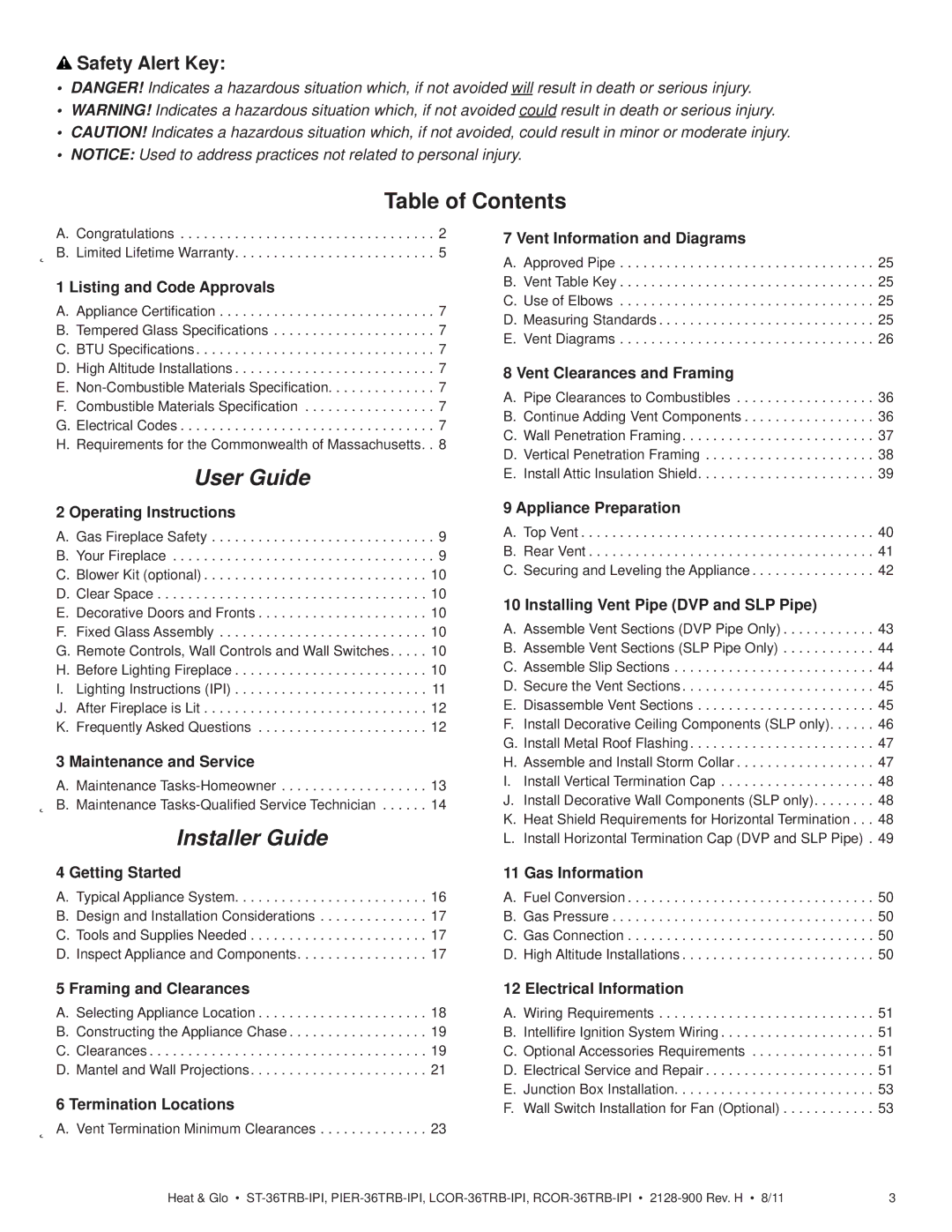 Heat & Glo LifeStyle ST-36TRB-IPI owner manual Table of Contents, User Guide 