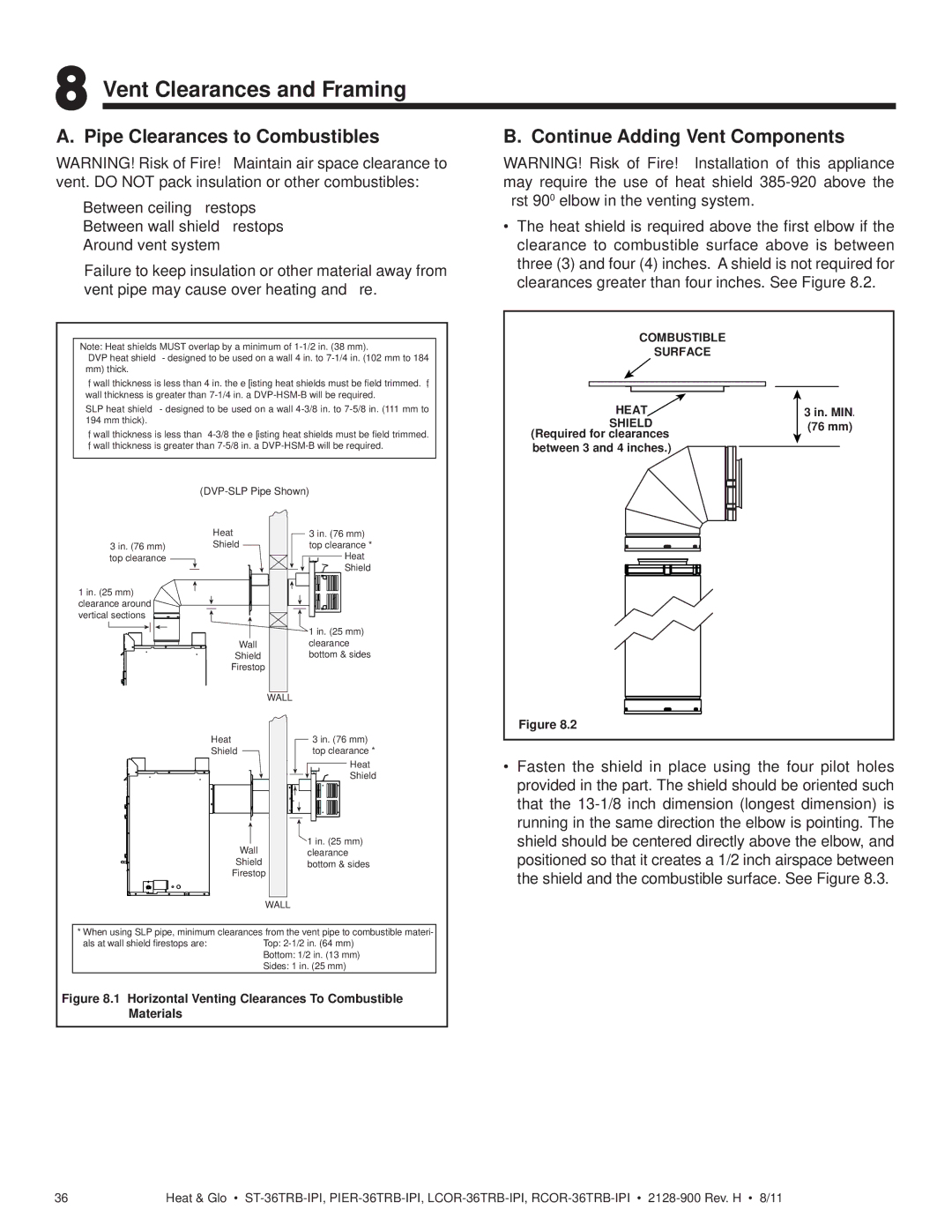 Heat & Glo LifeStyle ST-36TRB-IPI owner manual Vent Clearances and Framing, Pipe Clearances to Combustibles 