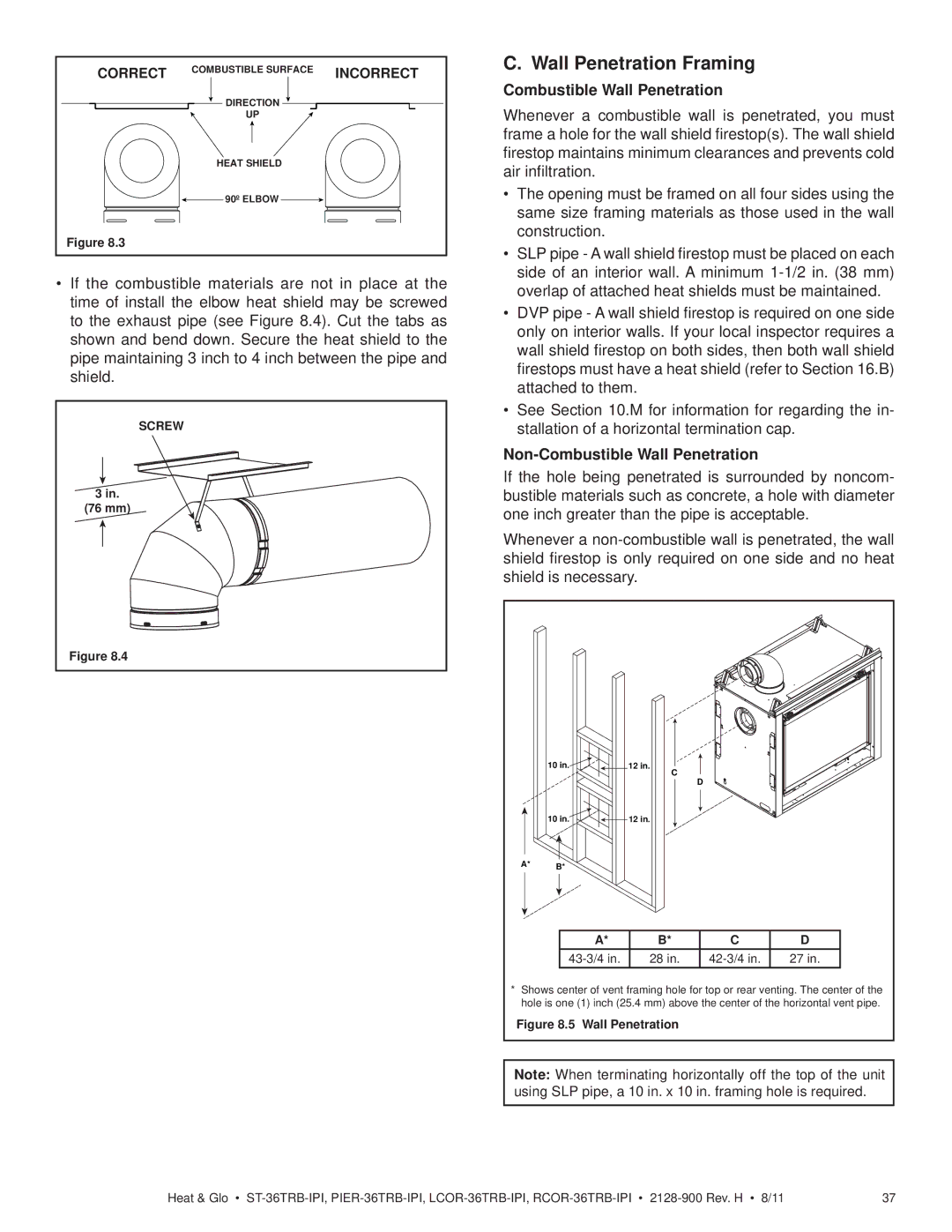 Heat & Glo LifeStyle ST-36TRB-IPI Wall Penetration Framing, Non-Combustible Wall Penetration, Correct, Incorrect 