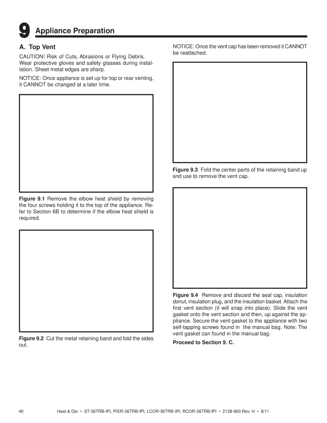 Heat & Glo LifeStyle ST-36TRB-IPI owner manual Appliance Preparation, Top Vent, Proceed to . C 