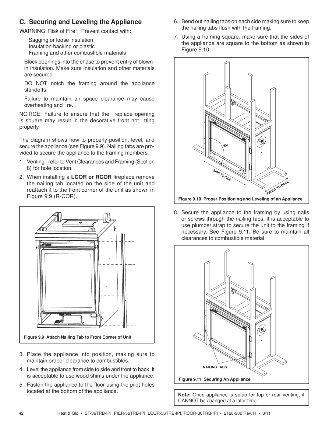 Heat & Glo LifeStyle ST-36TRB-IPI Securing and Leveling the Appliance, Attach Nailing Tab to Front Corner of Unit 