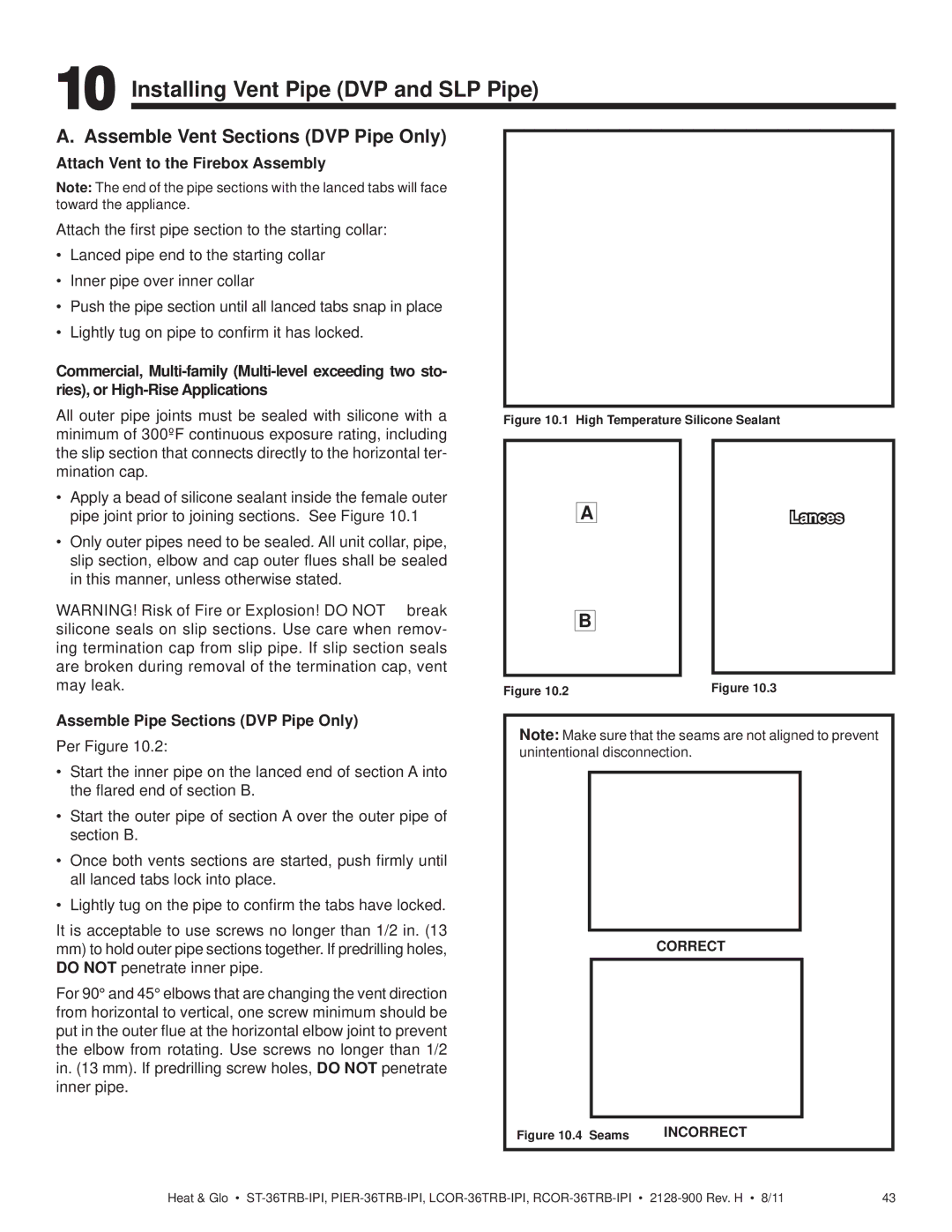 Heat & Glo LifeStyle ST-36TRB-IPI owner manual Installing Vent Pipe DVP and SLP Pipe, Assemble Vent Sections DVP Pipe Only 