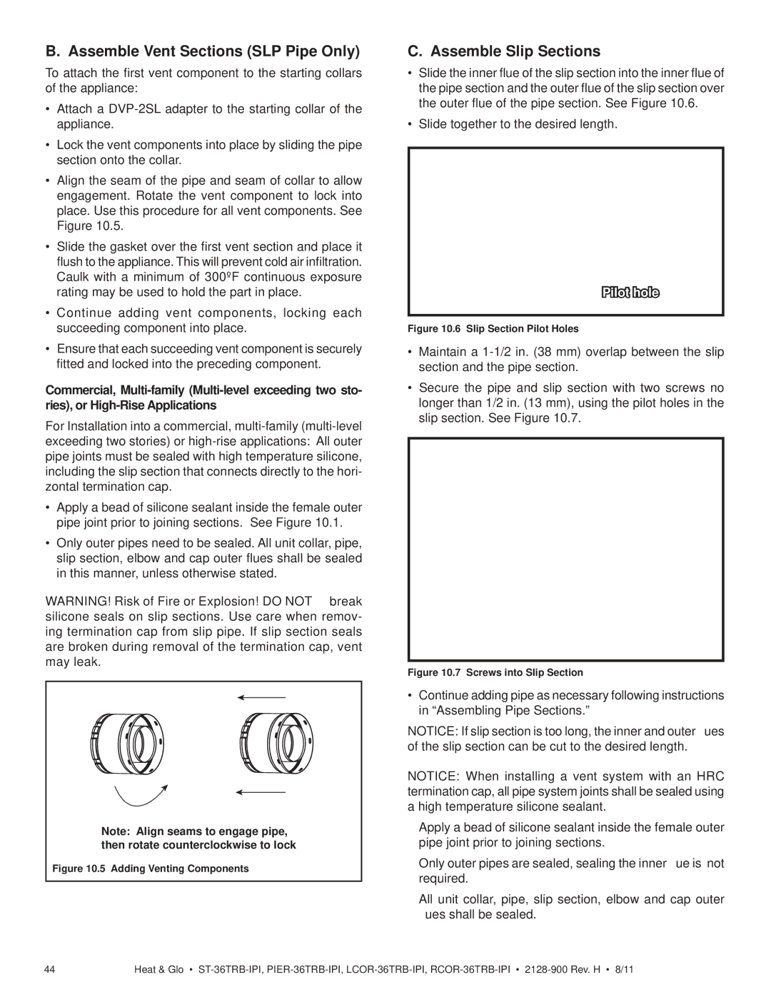 Heat & Glo LifeStyle ST-36TRB-IPI owner manual Assemble Vent Sections SLP Pipe Only, Assemble Slip Sections 