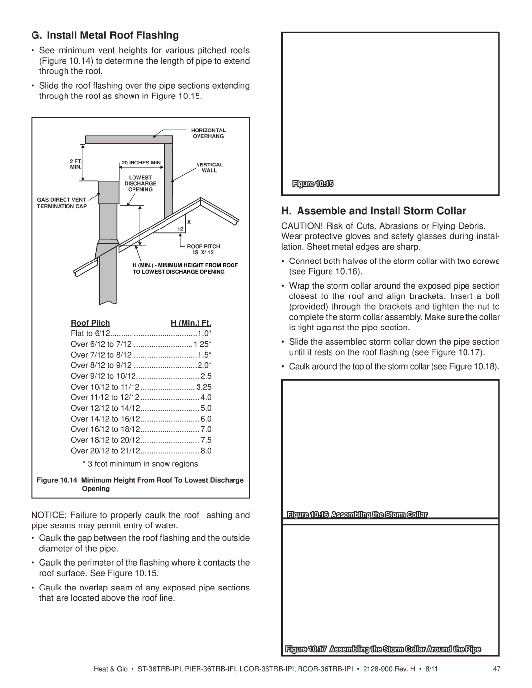 Heat & Glo LifeStyle ST-36TRB-IPI owner manual Install Metal Roof Flashing, Assemble and Install Storm Collar 