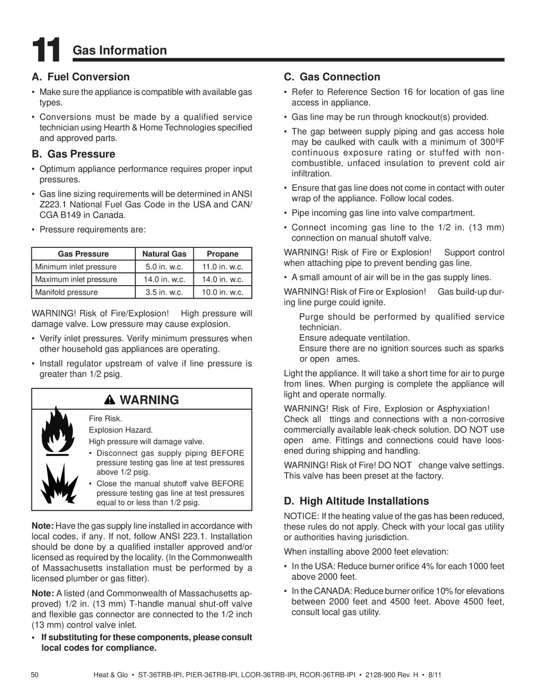 Heat & Glo LifeStyle ST-36TRB-IPI owner manual Gas Information, Fuel Conversion, Gas Pressure, Gas Connection 