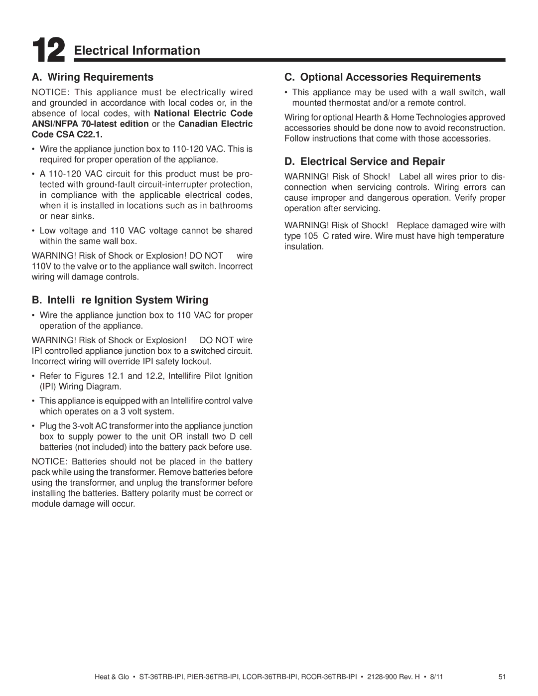 Heat & Glo LifeStyle ST-36TRB-IPI Electrical Information, Wiring Requirements, Optional Accessories Requirements 